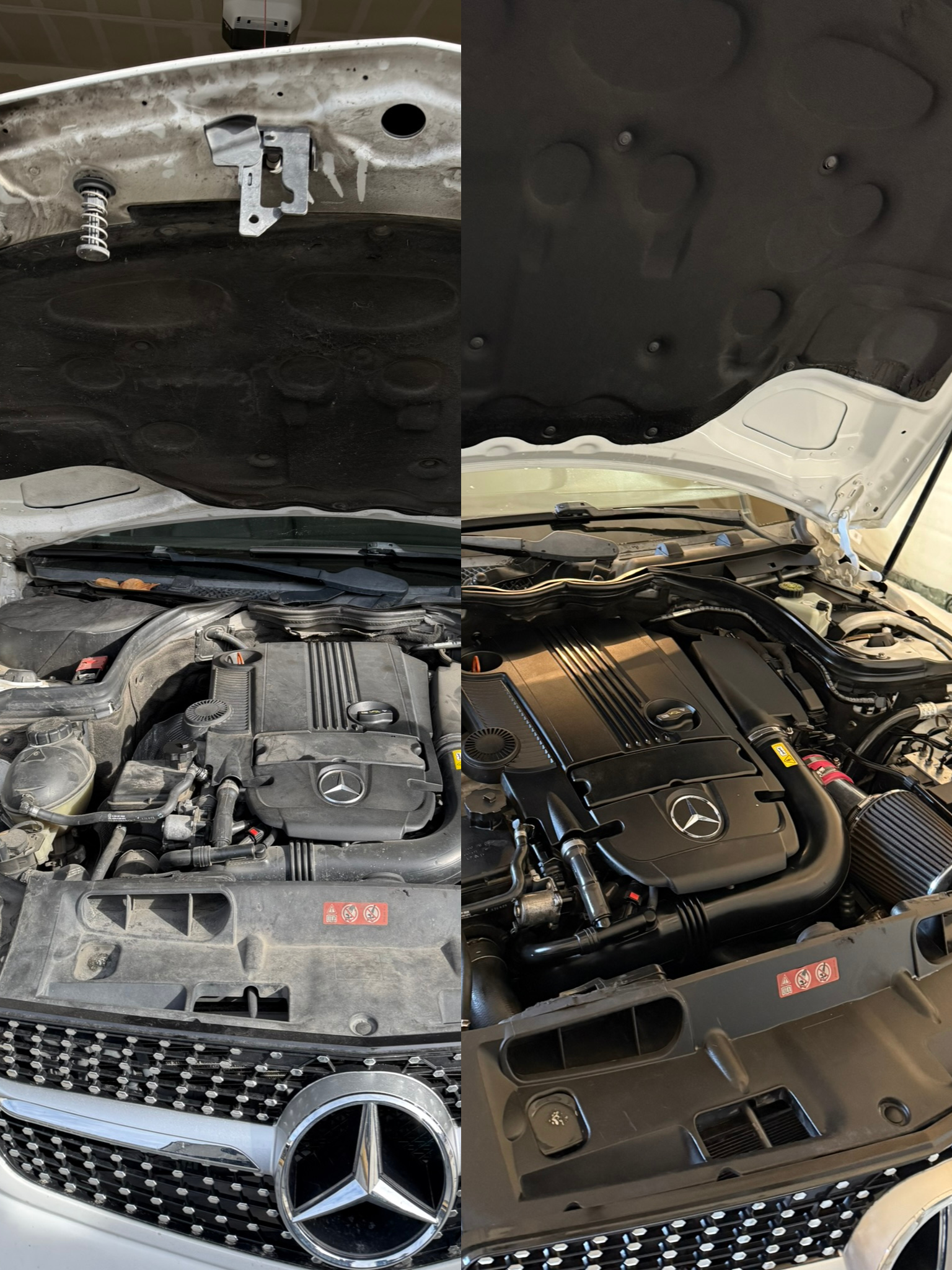 Comparison of a Mercedes-Benz engine bay before and after cleaning, showing the engine hood open in both images.