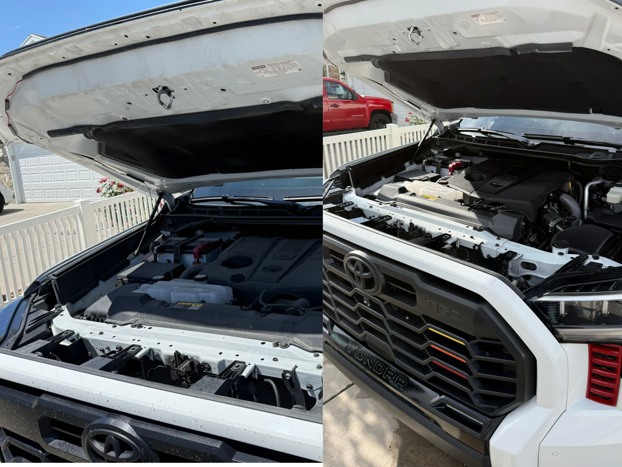 Comparison of two images showing the engine bay of a white Toyota Tundra, with the hood open in both images. The left image shows the engine bay with the hood slightly raised, and the right image shows the engine with the hood fully open, revealing t