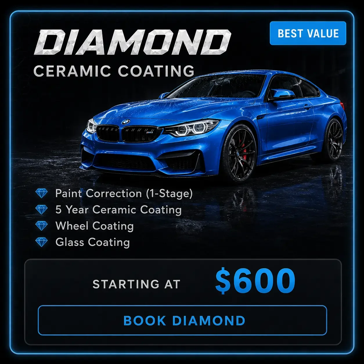 A bright blue sports car on a wet surface with a dark background, advertising diamond ceramic coating for cars, featuring a starting price of $600 and a "Book Diamond" button.