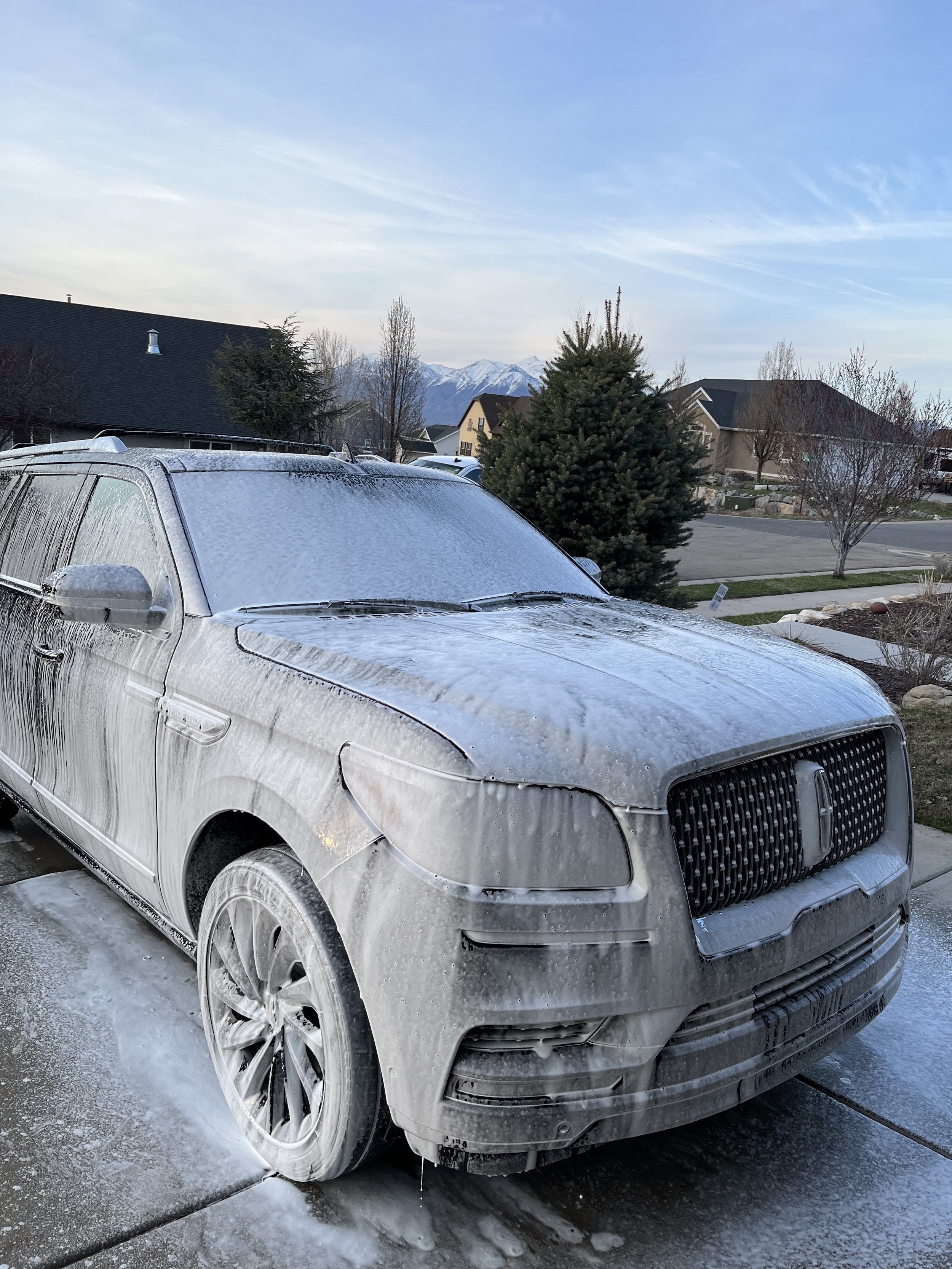 A silver SUV covered in soap suds during a car wash on a driveway with houses, trees, and mountains in the background.