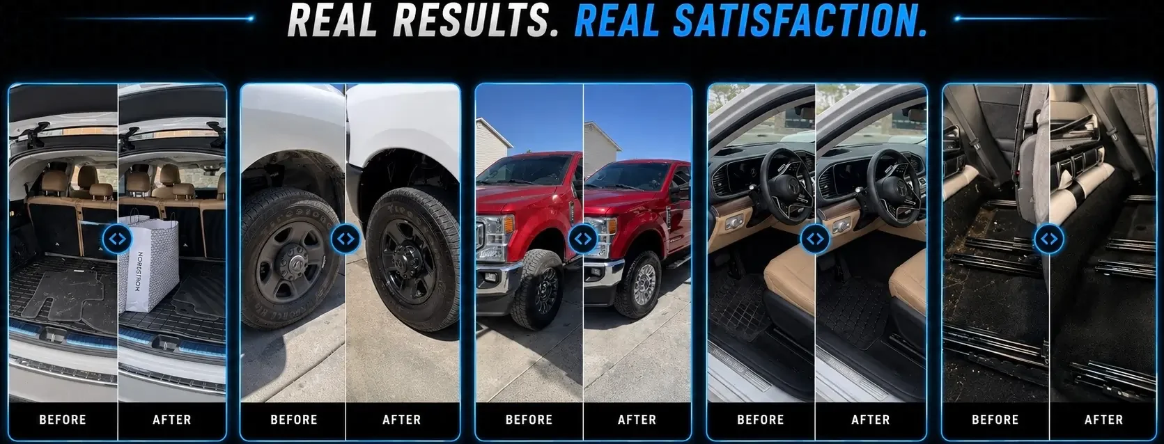 Comparison of vehicle interiors and exteriors before and after cleaning: trunk space with contents, dirty tires, red pickup truck outside, vehicle interior dash and steering wheel, and rear seats with seat belts.
