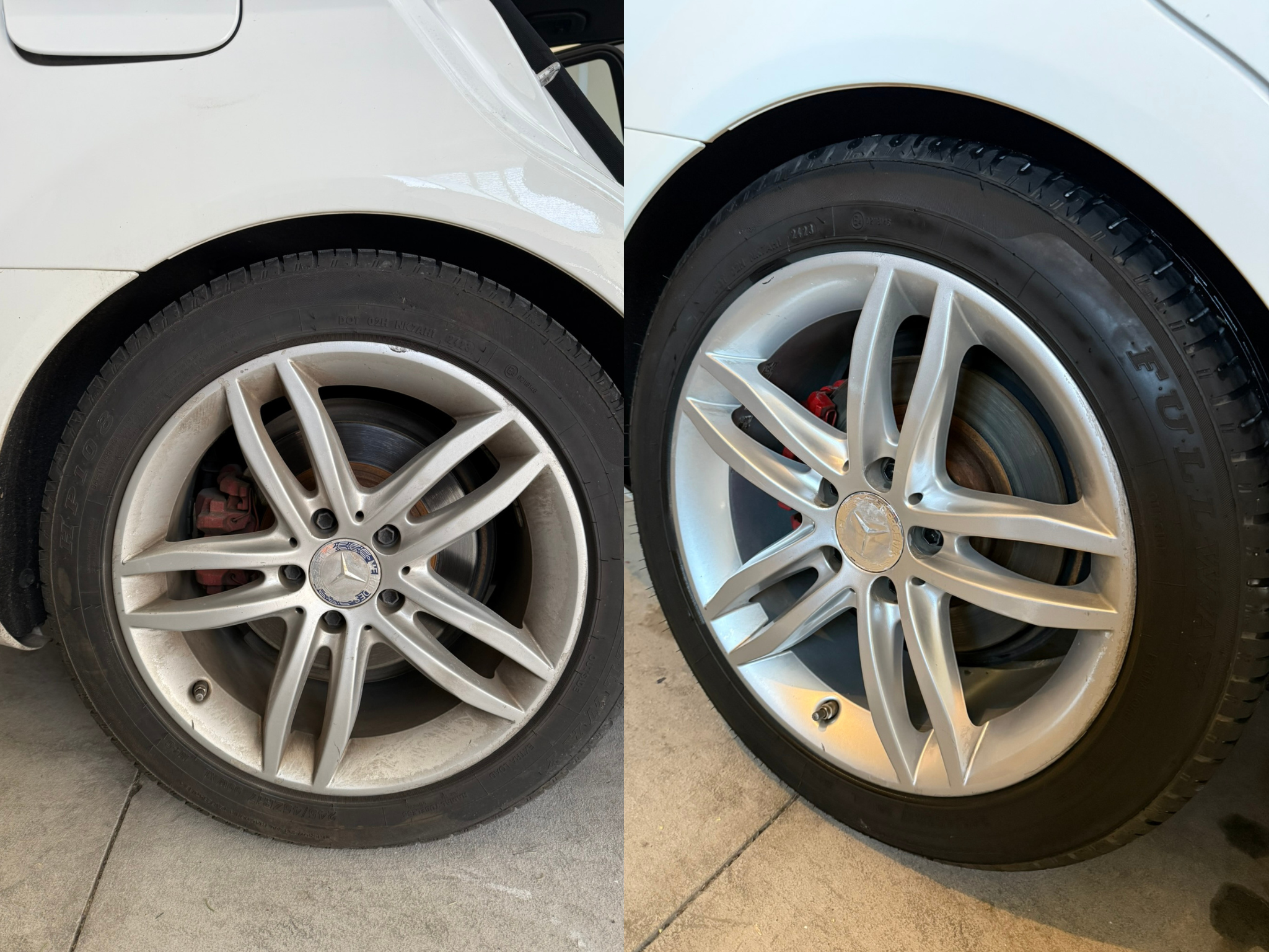Comparison of two Mercedes-Benz car wheels, both with silver alloy rims, showing the before and after cleaning or maintenance