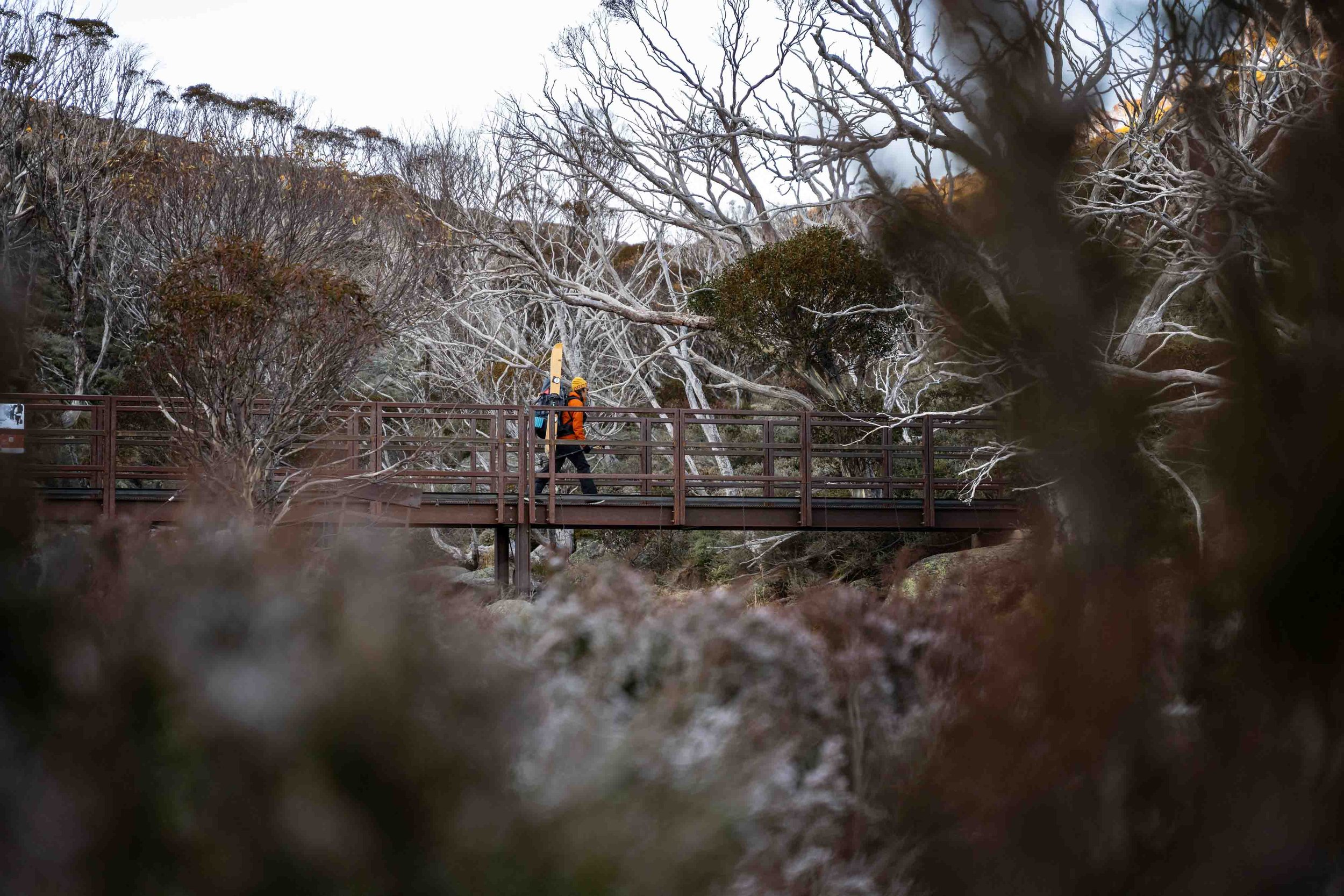 Mariah Dhar crosses a bridge on the Illawong traverse track. The brilliant boque is produced by shooting at F2.8 and at 50mm on a 24-70mm lens. Photographer: Aaron Dickfos