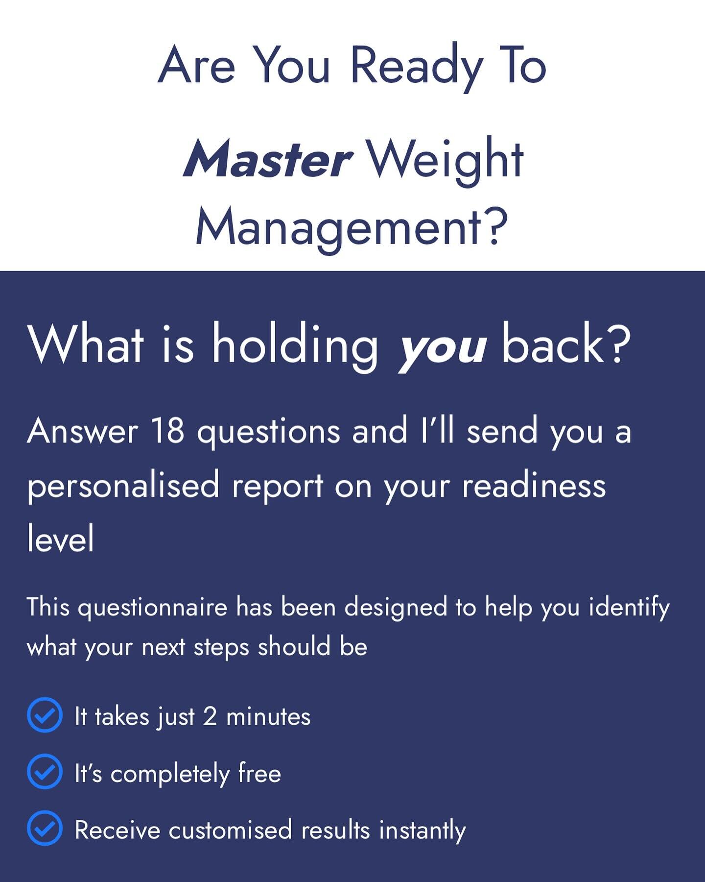 ✅ What is your level of &lsquo;readiness&rsquo; to master long term weight management and achieve permanent weight loss?

✅ Identify your areas of strengths and highlight gaps to work on

✅ 18 questions - receive results instantly

Link in bio! 🔗 

