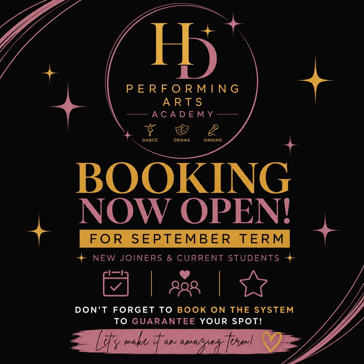 OPEN! ✨

Our September Term is officially open for booking! 🎭🎤🩰

Whether you&rsquo;re a current HDPA student or looking to join us for the very first time, don&rsquo;t forget to secure your place as spaces fill quickly!

This year is set to be our