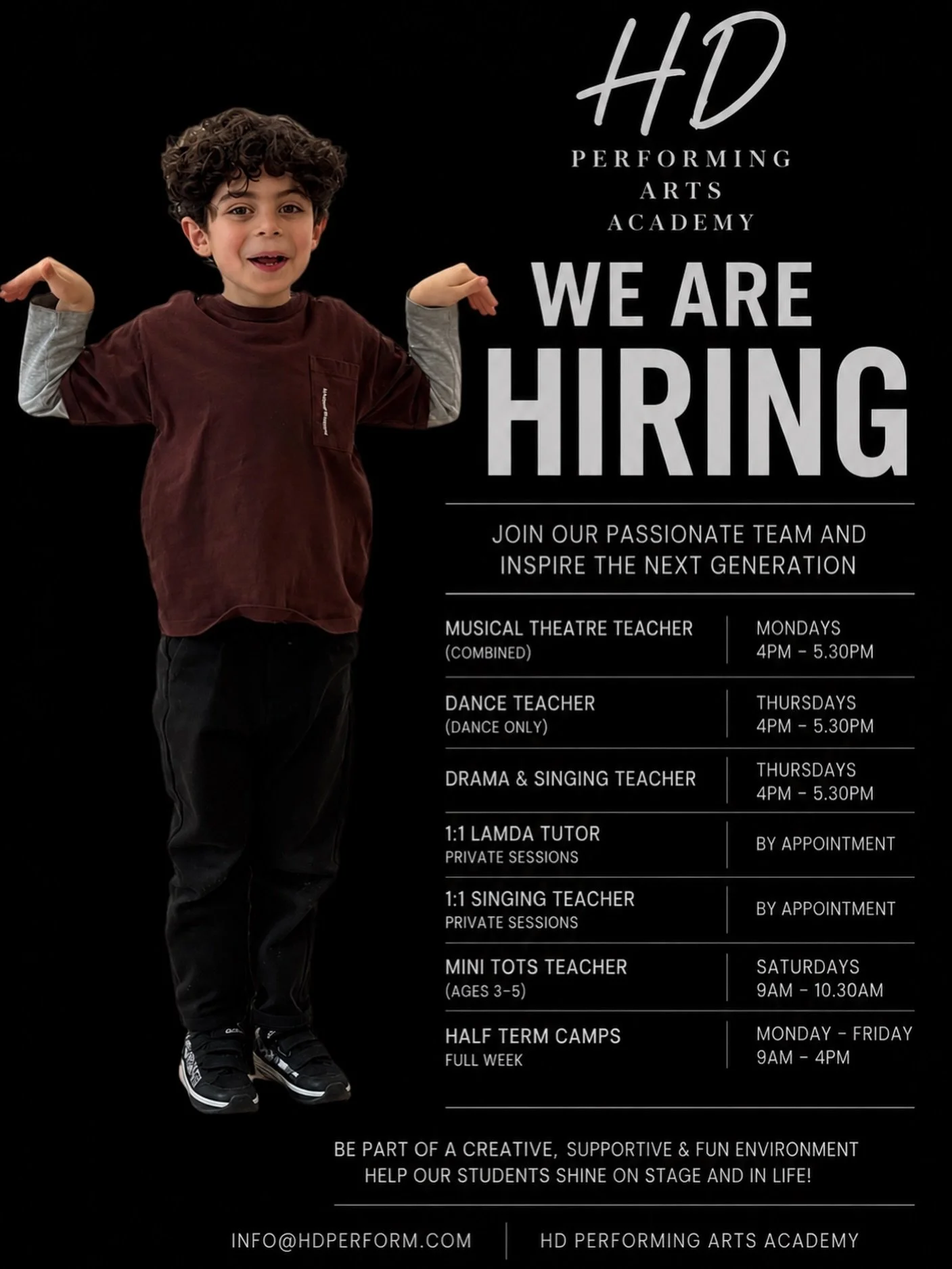 Email info@hdperform.com with CV and headshot. 

Must hold DBS . 
Be local to Kidbrooke or be able to travel a short distance . 

School is located right by Kidbrooke station .