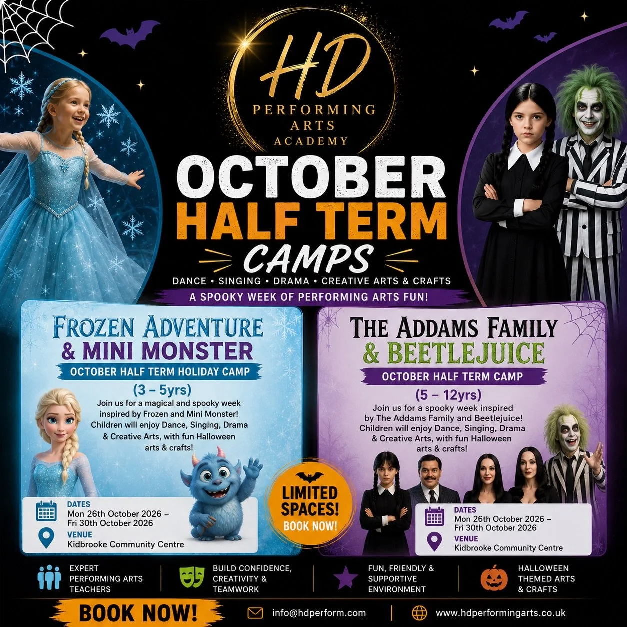 🎃 October Half Term plans? We&rsquo;ve got you covered! 

A full week of Dance, Singing, Drama, Creative Arts &amp; Halloween fun! ✨

❄️ Ages 3&ndash;5: Frozen Adventure &amp; Mini Monster 
9am -1pm (late pick up available ) 
🕸️ Ages 5&ndash;12: Ad