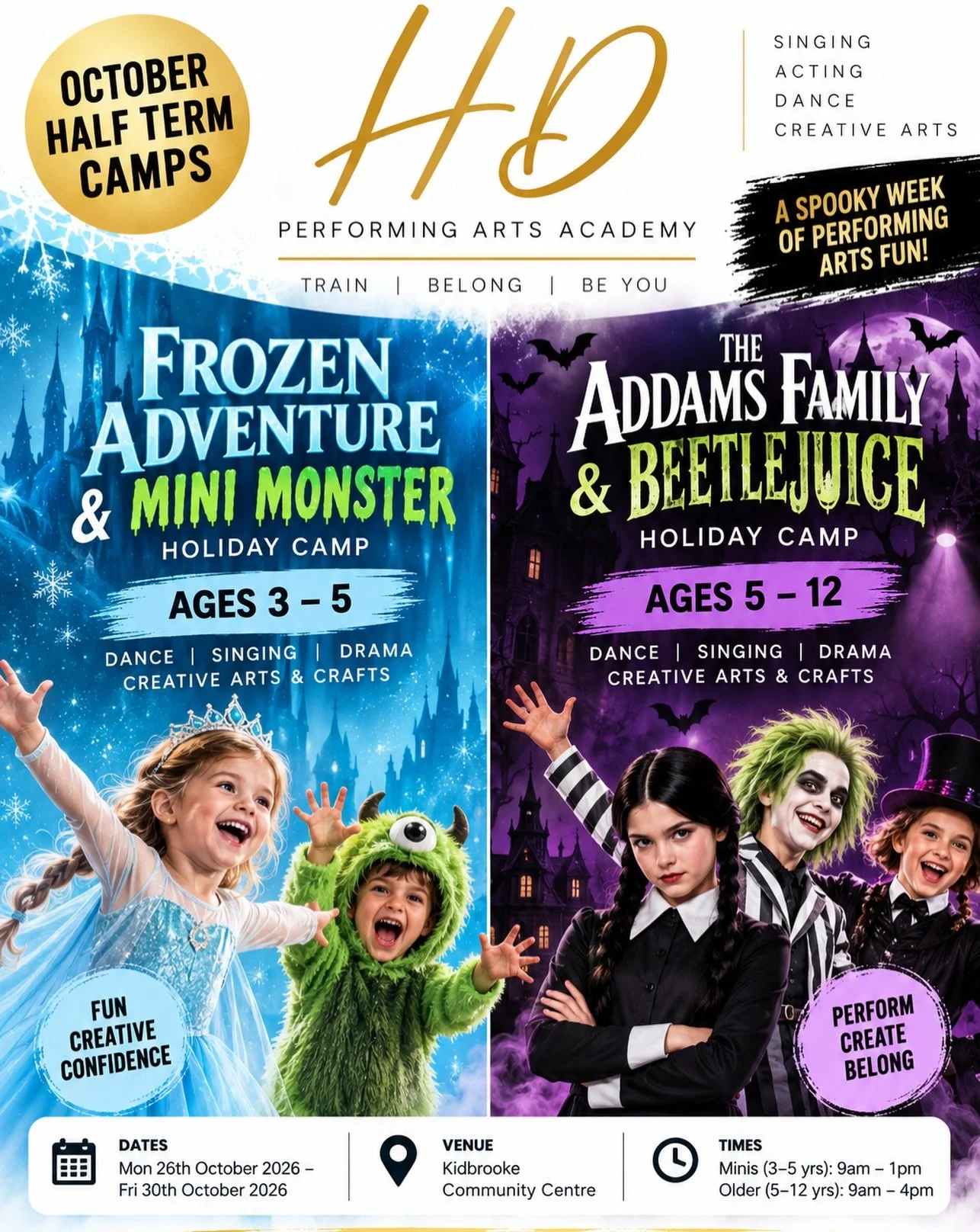 🎃 October Half Term plans? We&rsquo;ve got you covered! 

A full week of Dance, Singing, Drama, Creative Arts &amp; Halloween fun! ✨

❄️ Ages 3&ndash;5: Frozen Adventure &amp; Mini Monster 
9am -1pm (late pick up available ) 

🕸️ Ages 5&ndash;12: A