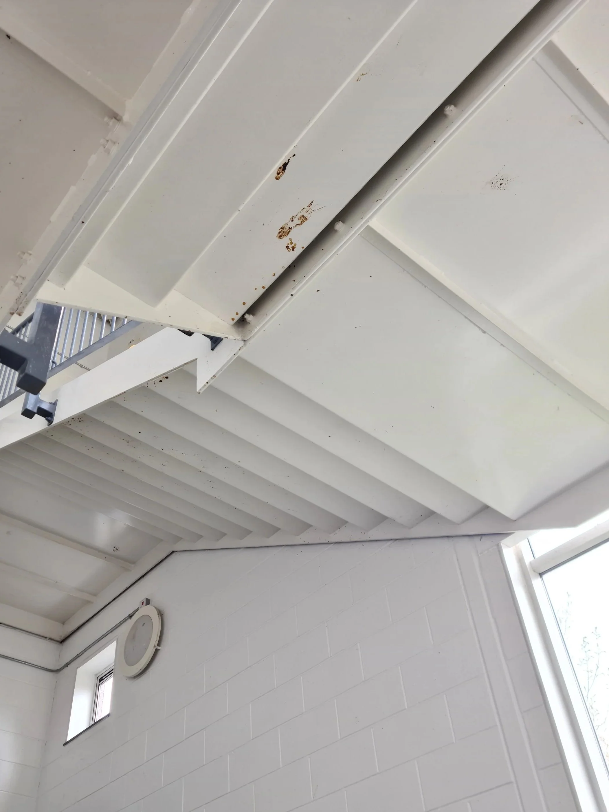 Close-up of a white, vented ceiling with some rust spots, near a white brick wall with windows.