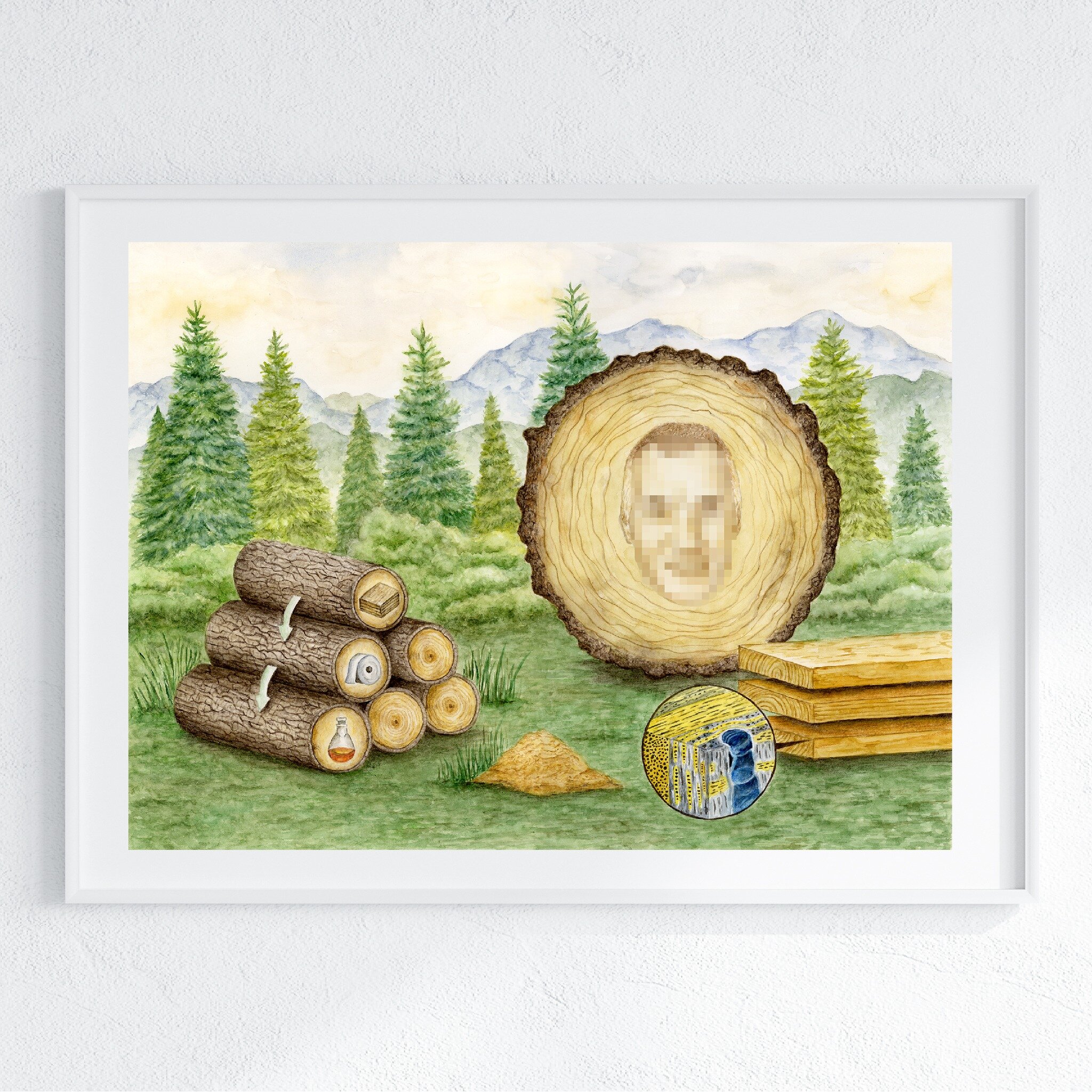 This illustration was commissioned several months ago for a farewell symposium. The artwork aims to visually depict the various areas of research of the honoree, all related to the fascinating world of wood.

This professor dedicated his career to th