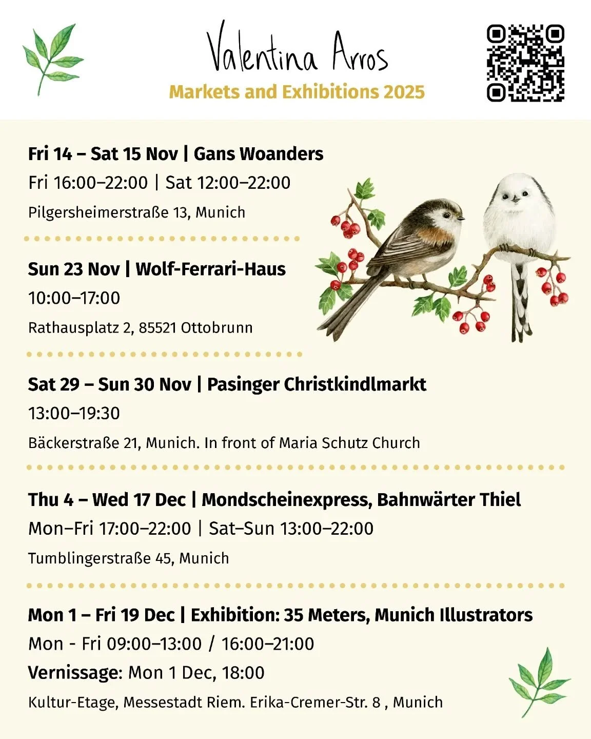 Winter months are filling up with creative energy! 🌿 I will be joining a few nice markets and an exhibition in November and December.

All the details are in the image and I hope to see you there! It&rsquo;s always nice to connect with people in per