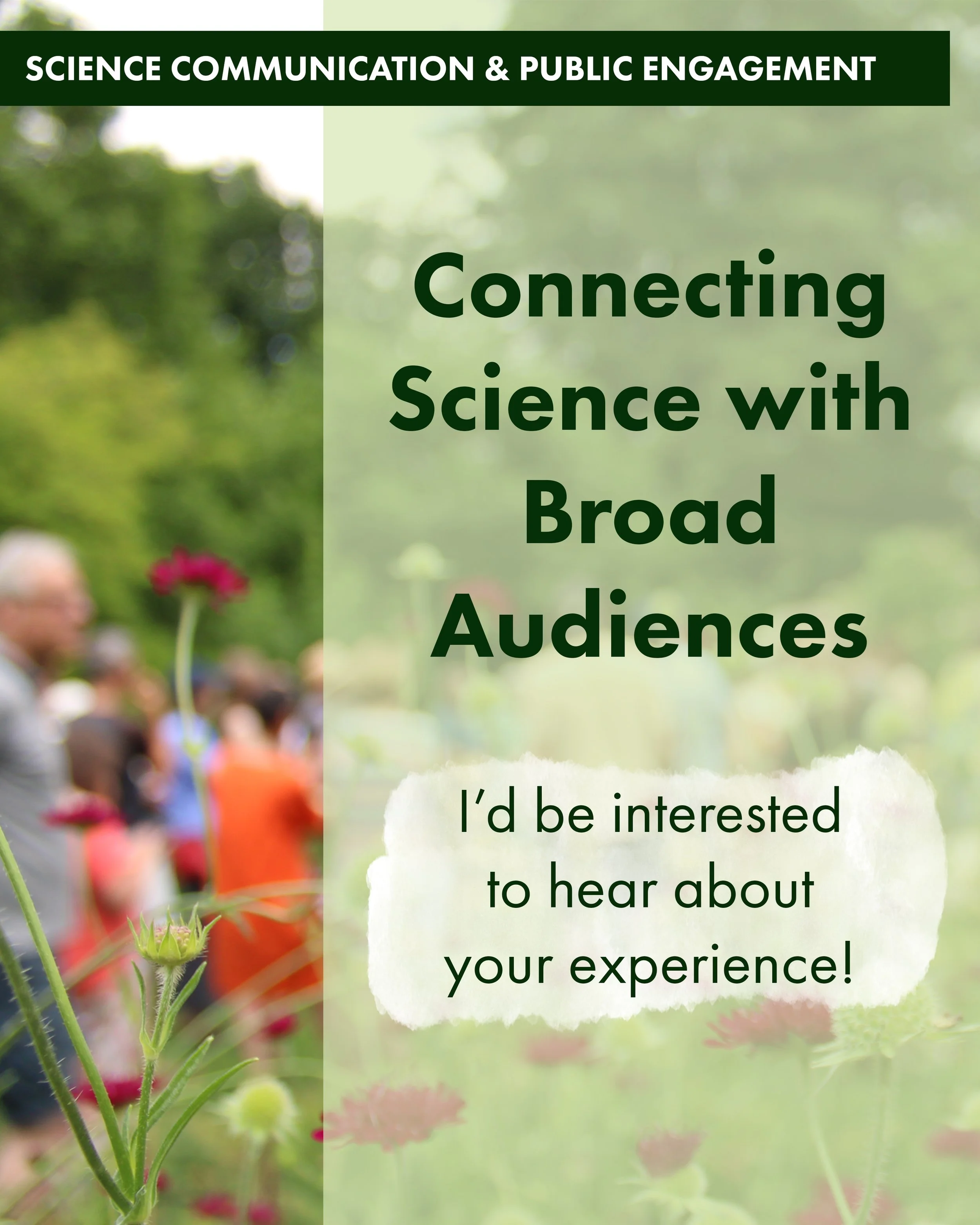 I am exploring how science and environmental topics can be communicated more effectively to broad audiences.

As part of this, I have done a short anonymous survey with just 5 questions. 

If you work in a research group, NGO, museum, environmental o