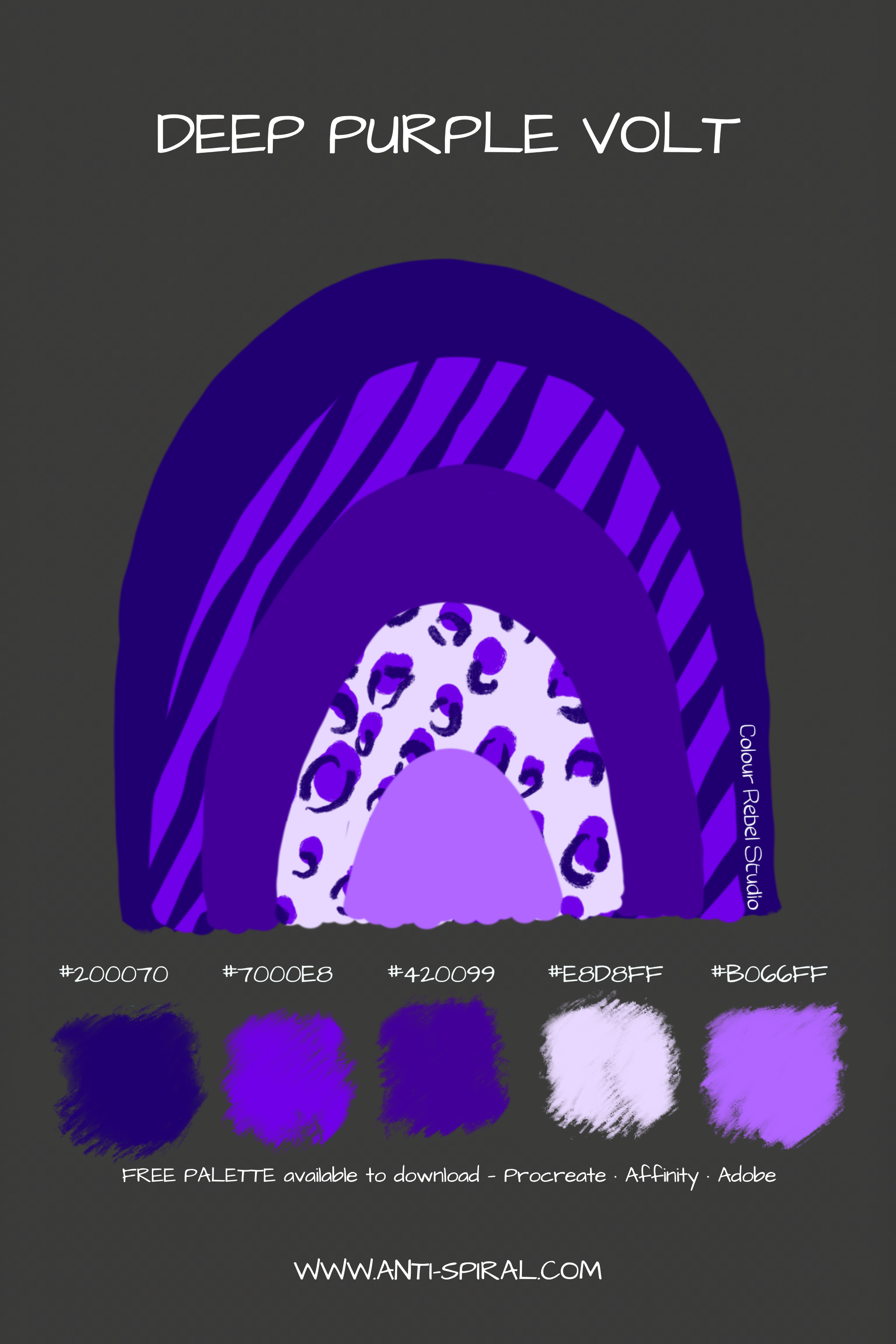 Deep Purple Volt colour palette with hex codes — deep purple voltage tonal — five coordinating colours including #200070, #420099 and #7000E8 — free download for Procreate, Affinity and Adobe — Colour Rebel Studio