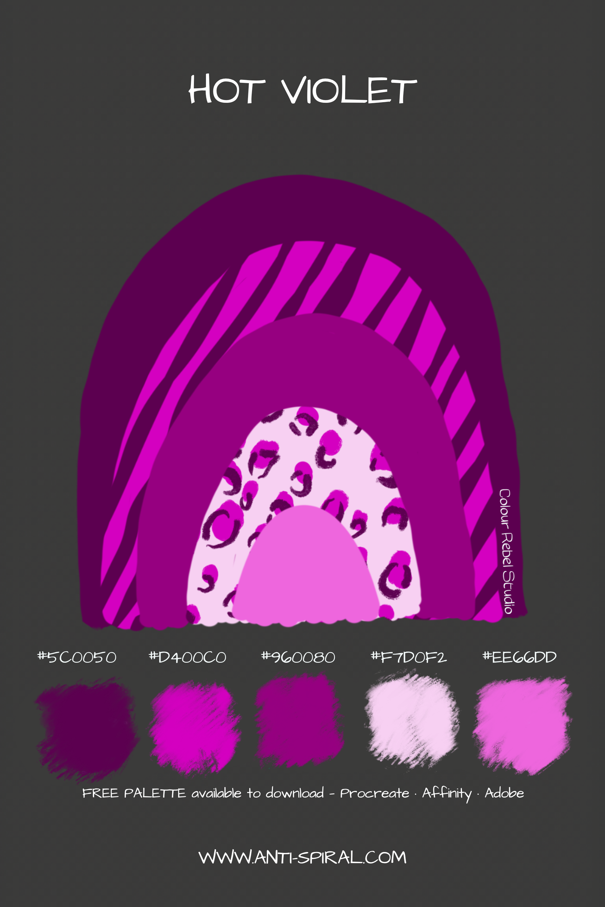Hot Violet colour palette with hex codes — hot violet magenta tonal — five coordinating colours including #5C0050, #960080 and #D400C0 — free download for Procreate, Affinity and Adobe — Colour Rebel Studio
