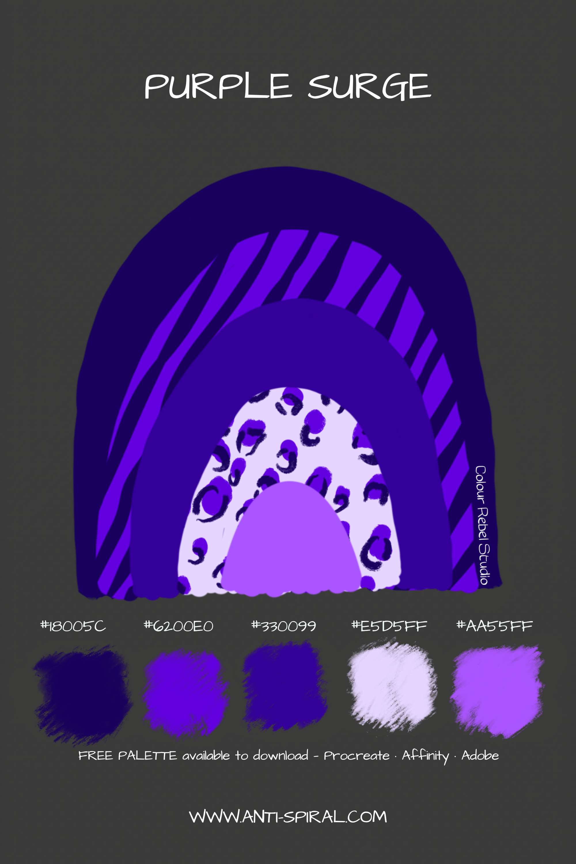 Purple Surge colour palette with hex codes — vivid purple surge tonal — five coordinating colours including #18005C, #330099 and #6200E0 — free download for Procreate, Affinity and Adobe — Colour Rebel Studio