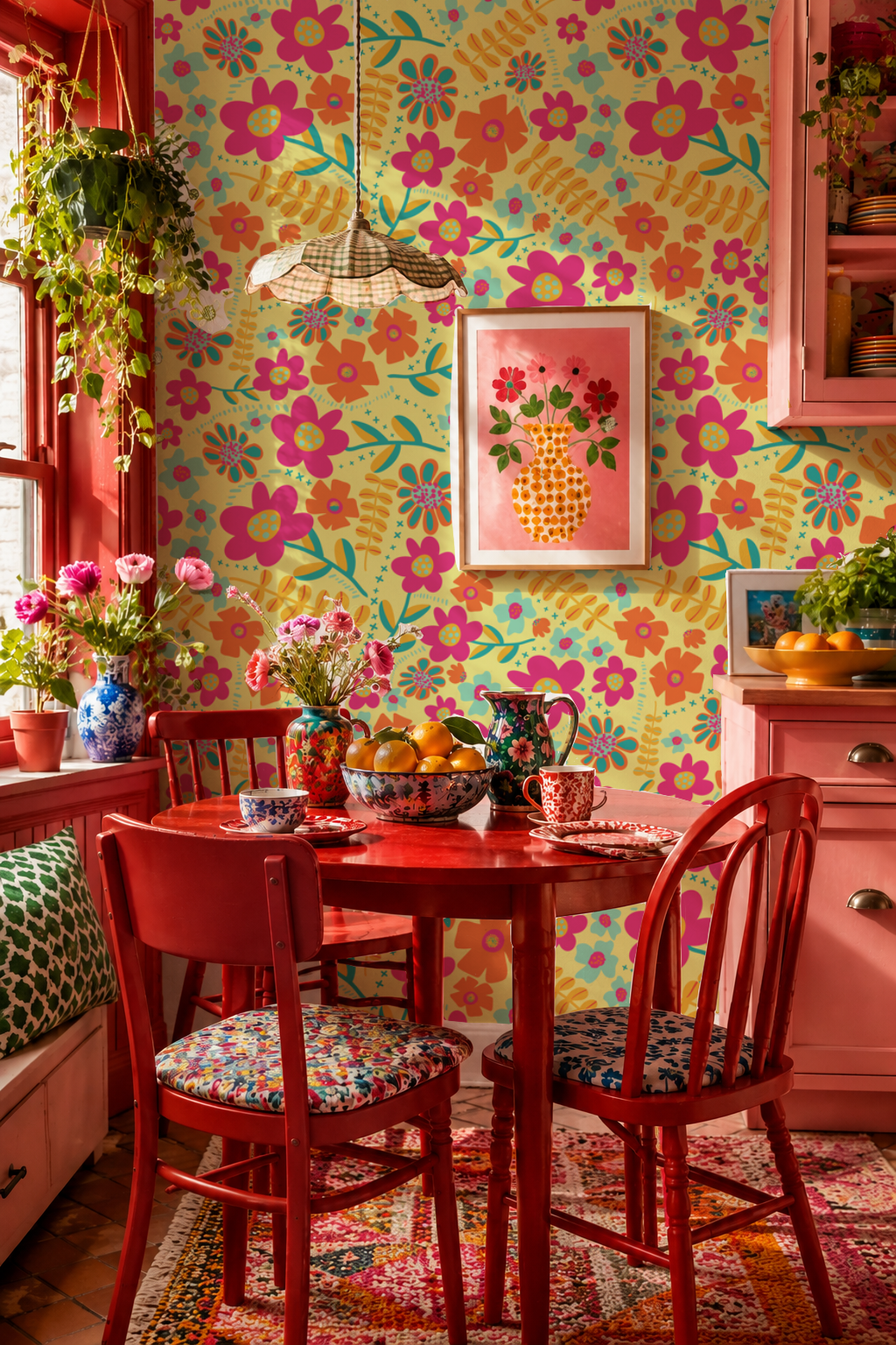 Colourful yellow and pink kitchen feature wall in bold Colour Rebel Studio floral wallpaper