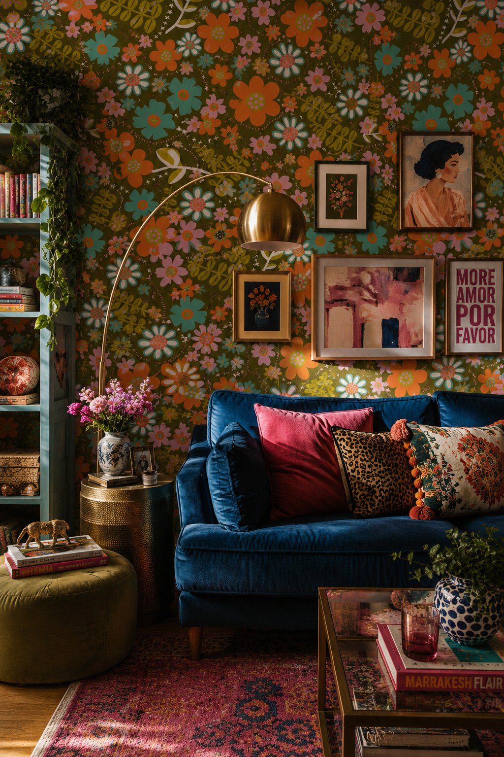 Dopamine decor bedroom with bold ditsy floral Colour Rebel Studio wallpaper and plum velvet headboard