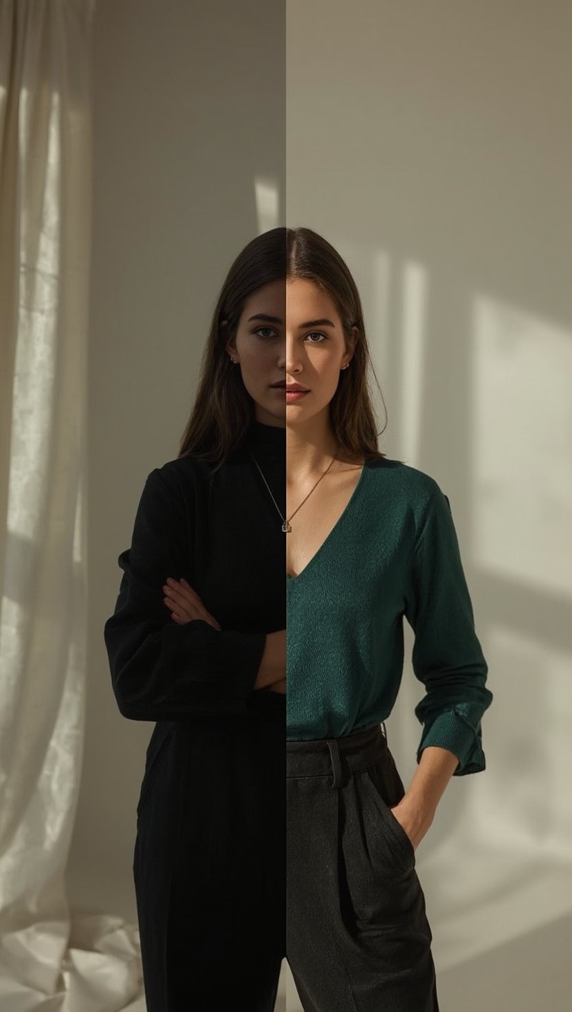 Comparison of woman wearing all black versus emerald top showing emotional shift in wearing colour.