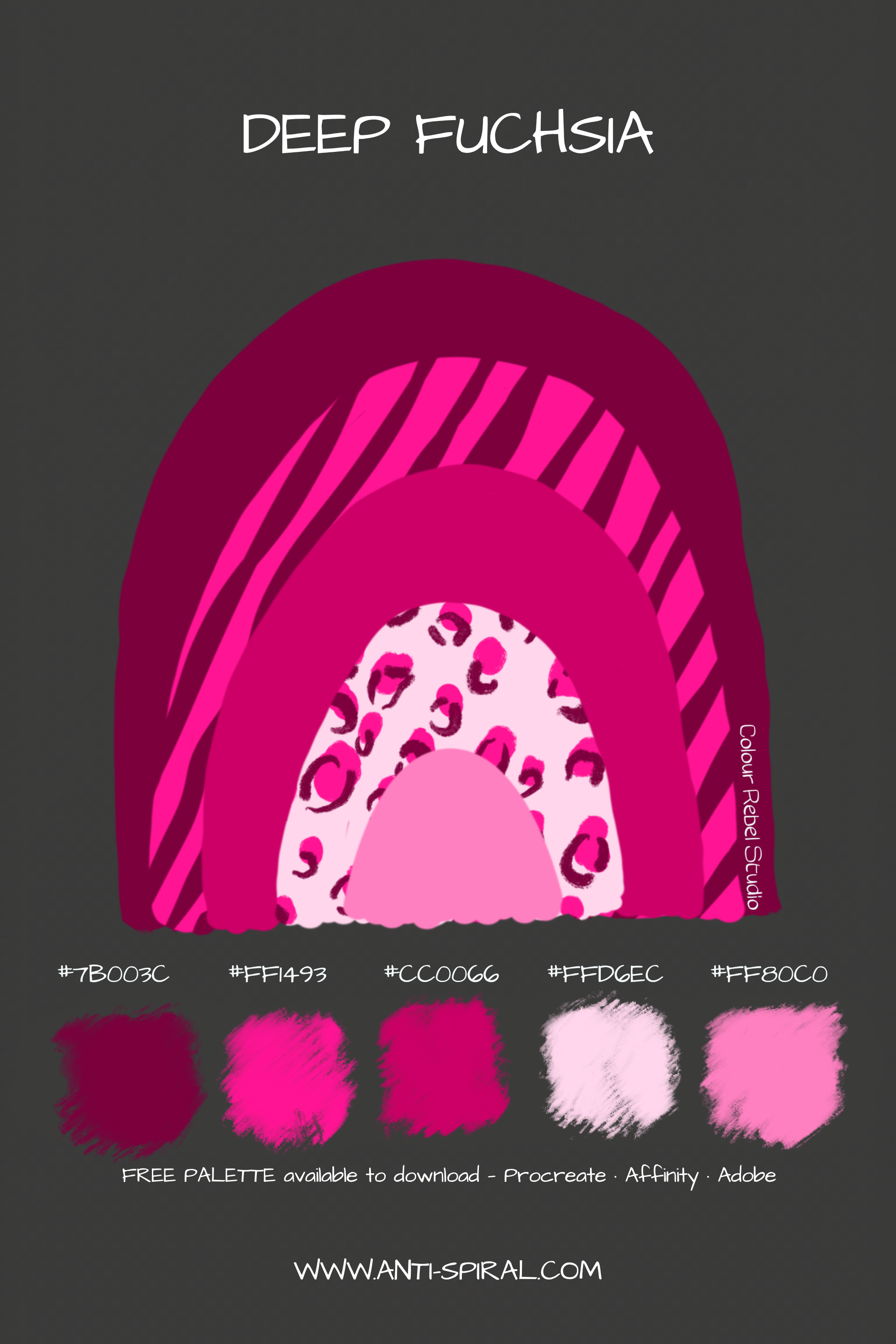 Deep Fuchsia colour palette with hex codes — deep fuchsia tonal — five coordinating colours including #7B003C, #CC0066 and #FF1493 — free download for Procreate, Affinity and Adobe — Colour Rebel Studio