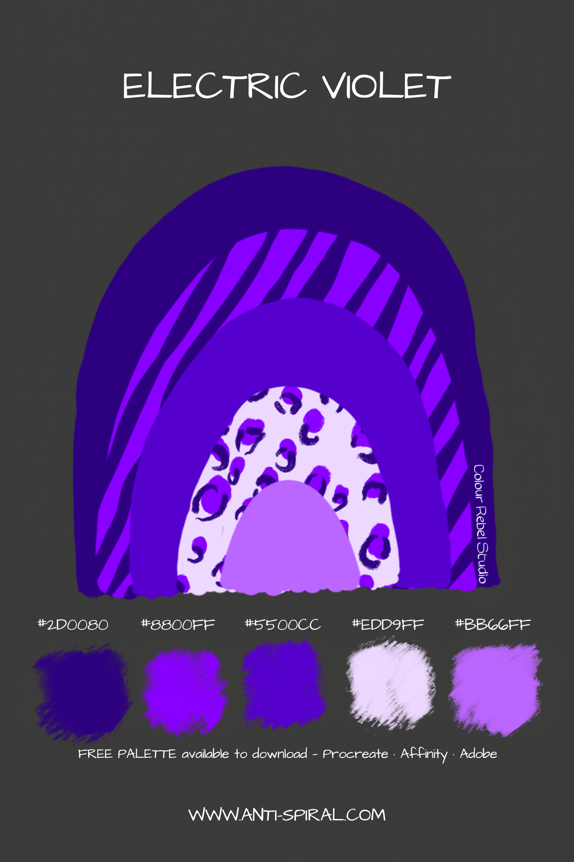Electric Violet colour palette with hex codes — electric violet tonal — five coordinating colours including #2D0080, #5500CC and #8800FF — free download for Procreate, Affinity and Adobe — Colour Rebel Studio