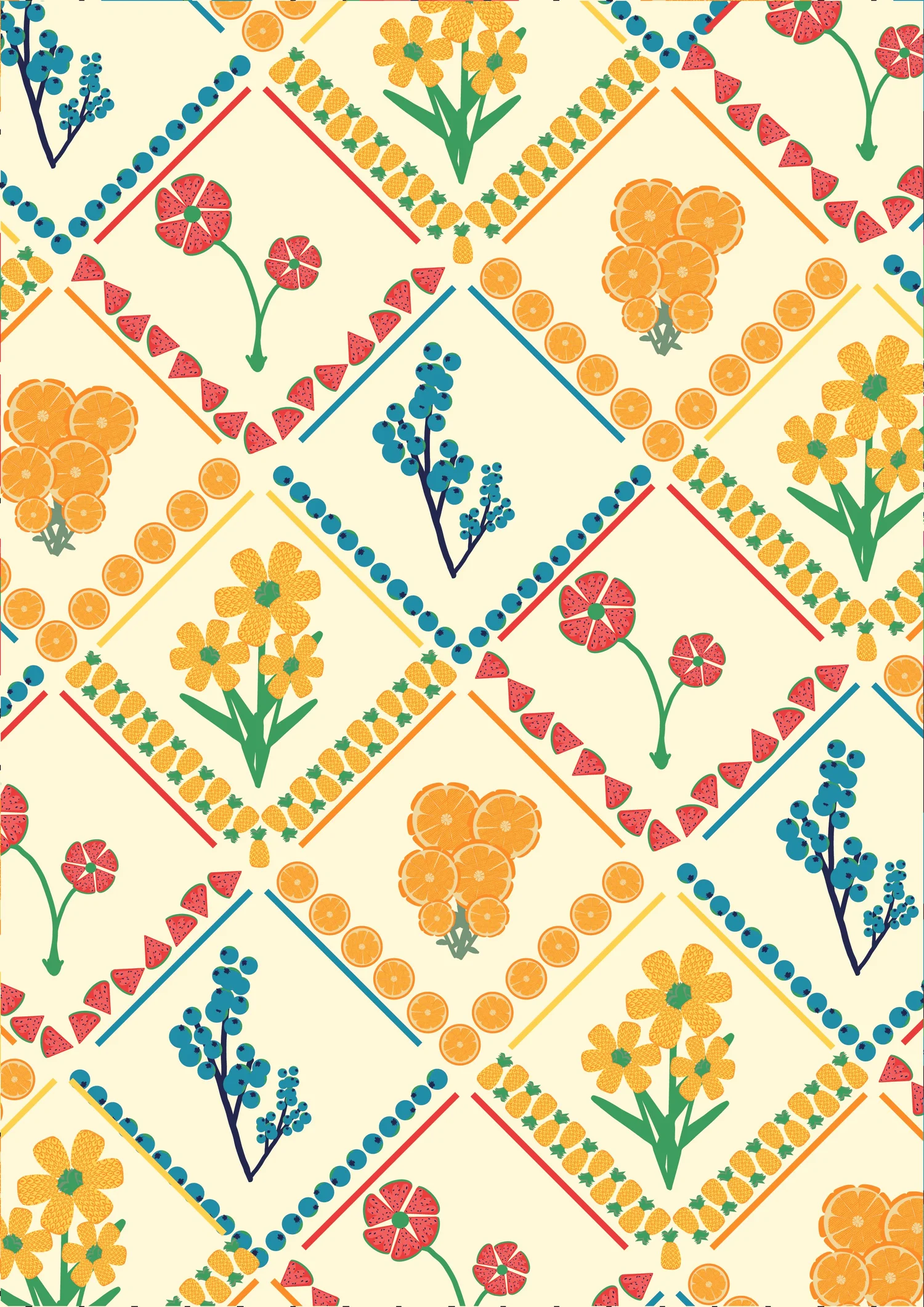 Fruity Loopy floral pattern of bold flowers in a diamond trellis, surface pattern design for licensing