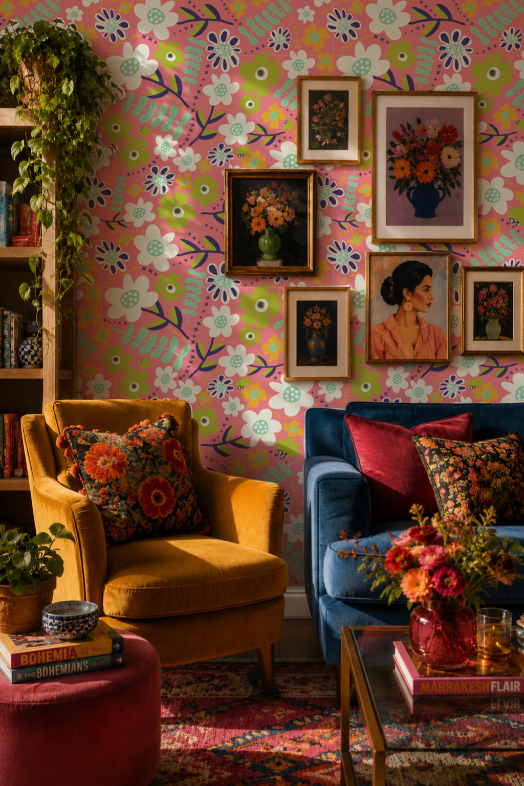 Peel and stick floral accent wall in a bold colourful living room
