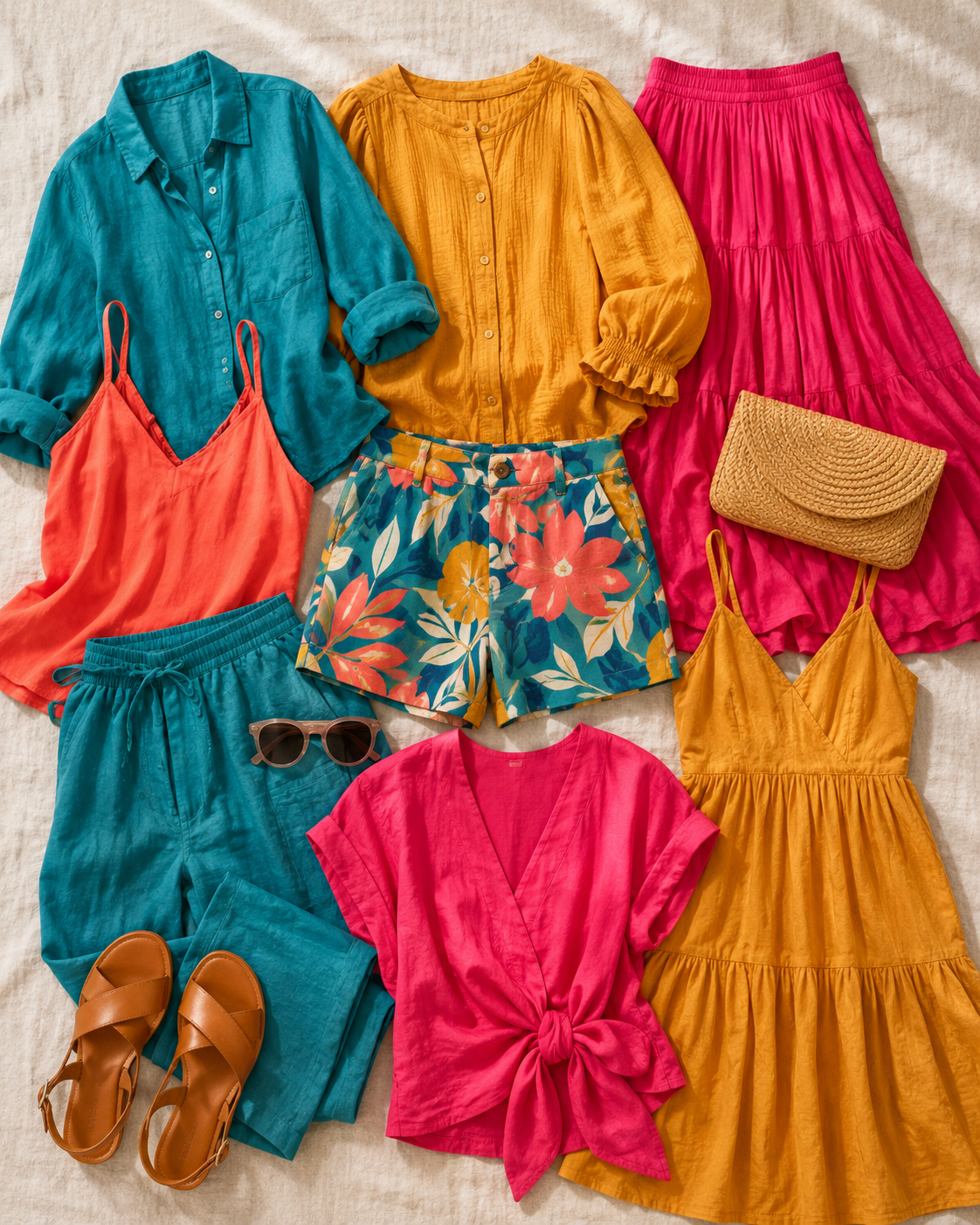 A holiday capsule wardrobe flat lay coordinated around a bold colour palette.