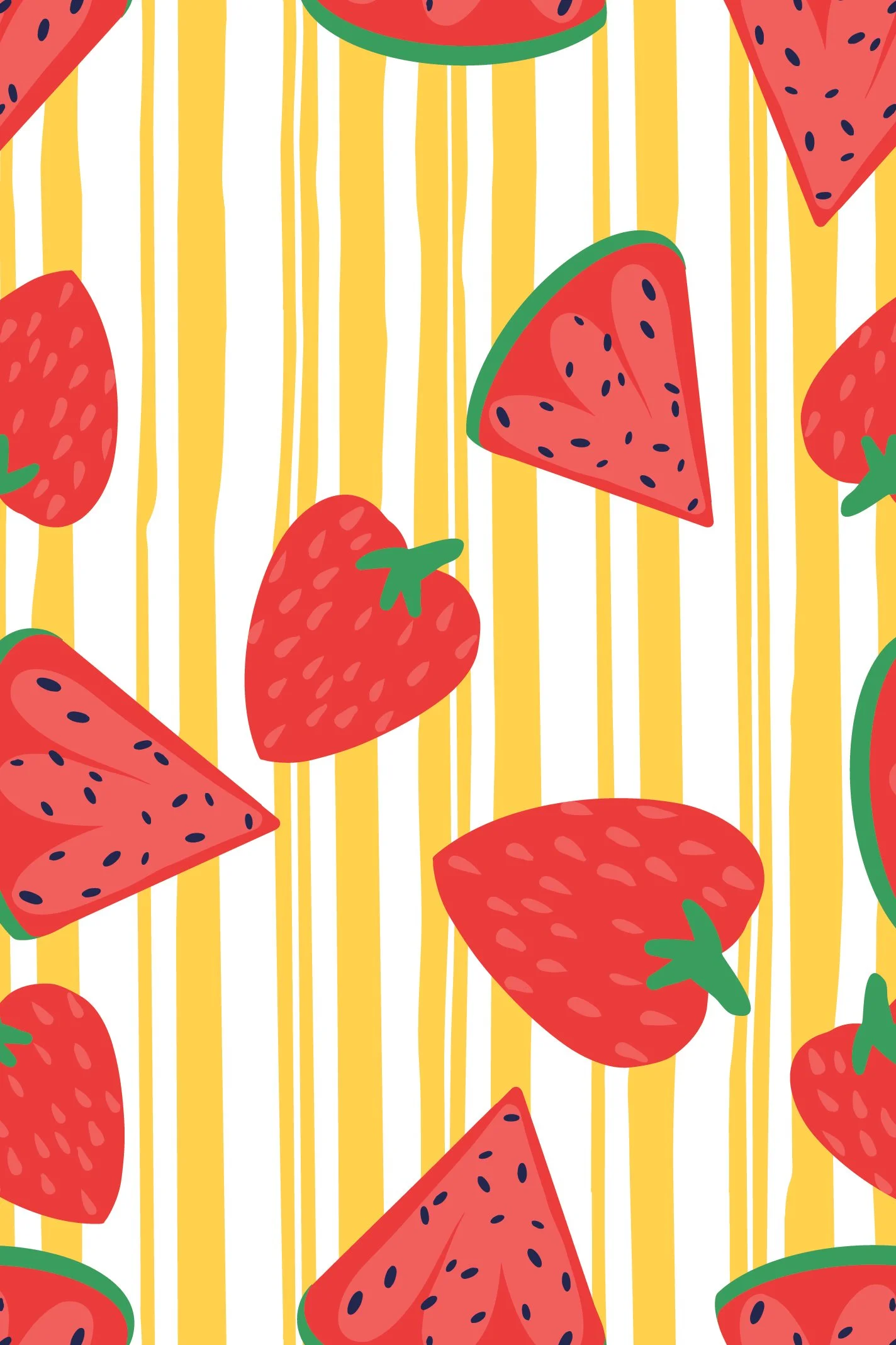 Strawberry and watermelon pattern on yellow stripes from the Fruity Loopy collection, surface pattern design for licensing