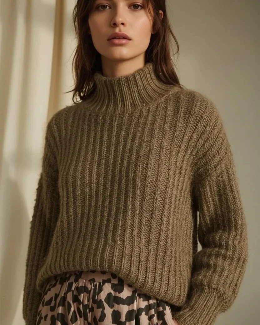 Chunky knit sweater layered over silky patterned skirt showing texture contrast