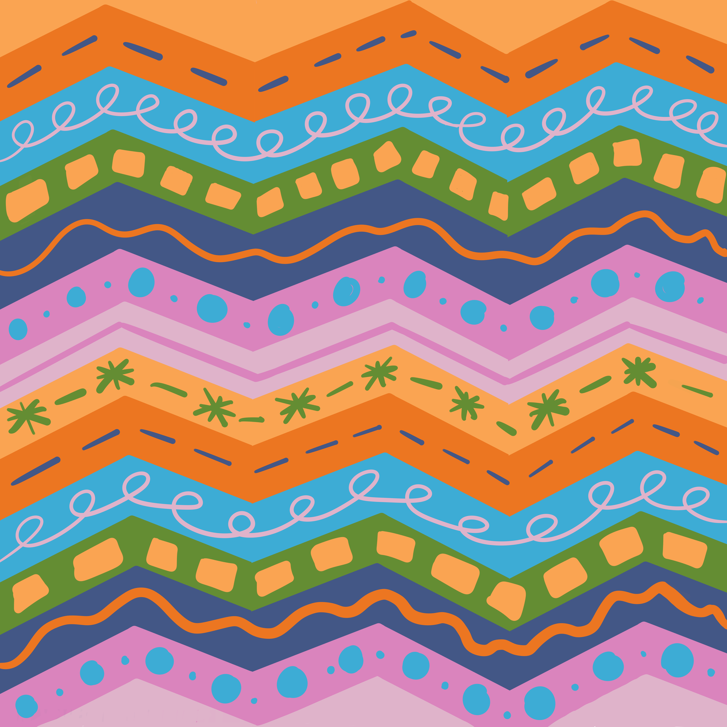 Rainbow wave and zigzag pattern in pink, orange and blue, Hopes and Dreams collection surface pattern design for licensing