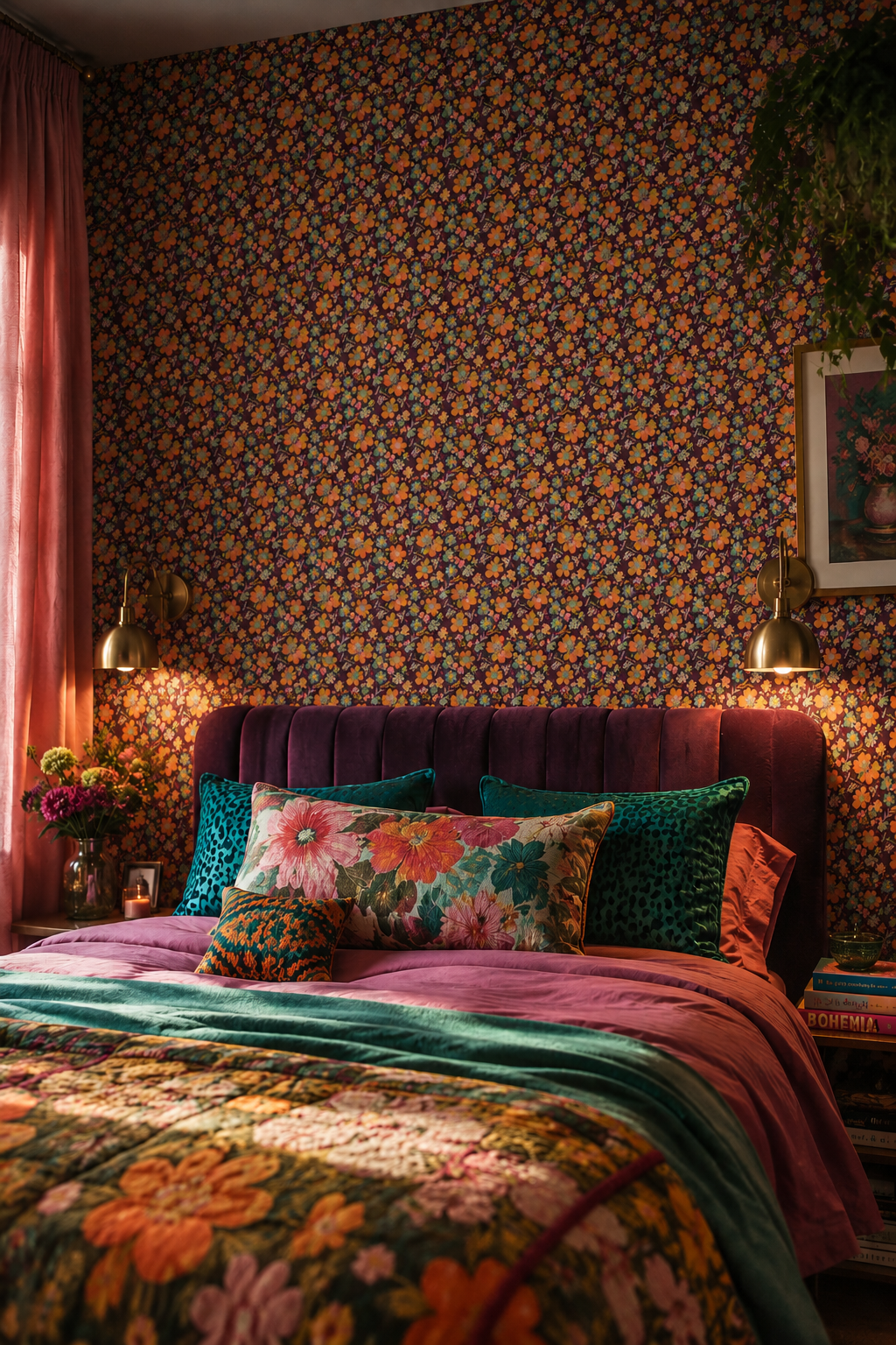Dopamine decor bedroom with bold ditsy floral Colour Rebel Studio wallpaper and plum velvet headboard