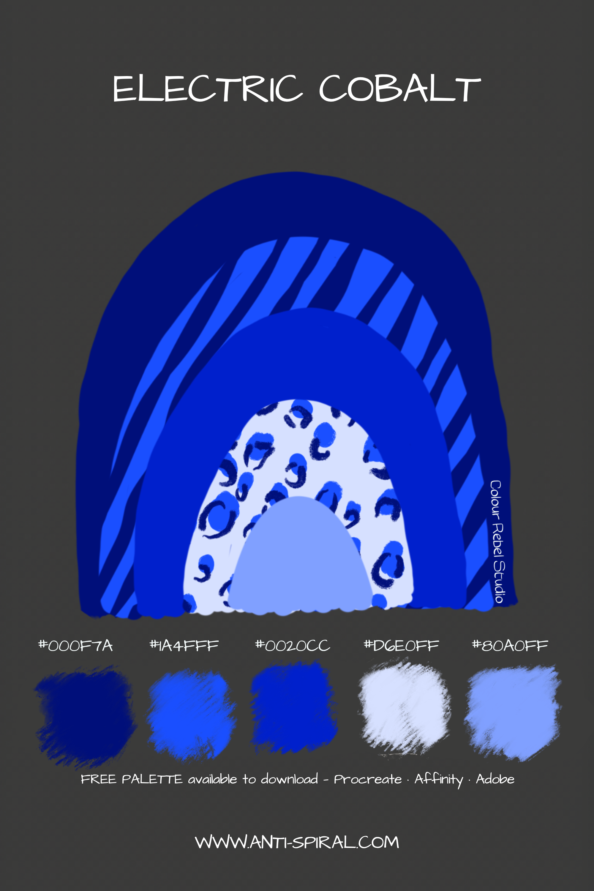 Electric Cobalt colour palette with hex codes — electric cobalt blue tonal — five coordinating colours including #000F7A, #0020CC and #1A4FFF — free download for Procreate, Affinity and Adobe — Colour Rebel Studio