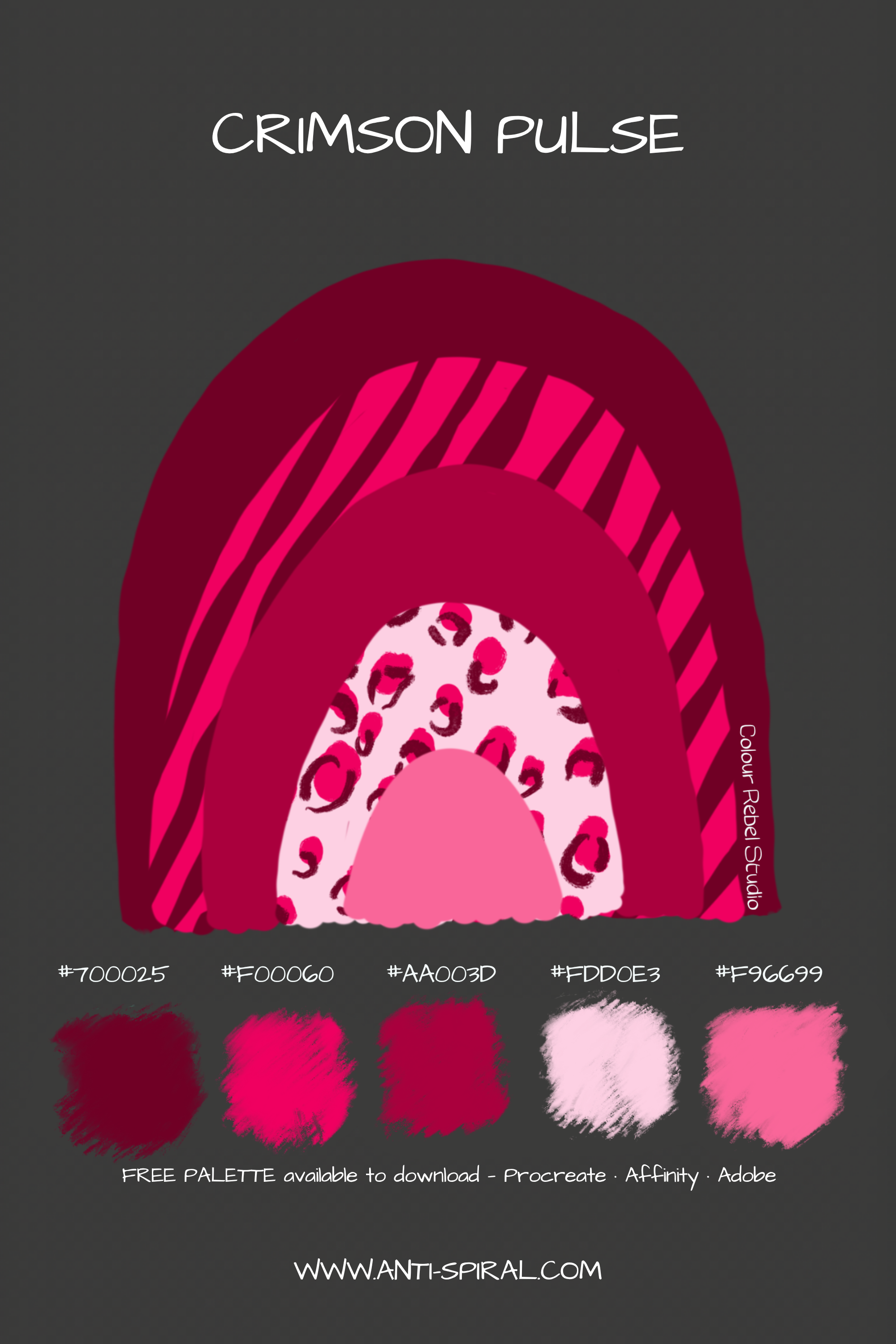 Crimson Pulse colour palette with hex codes — crimson pulse red-pink tonal — five coordinating colours including #700025, #AA003D and #F00060 — free download for Procreate, Affinity and Adobe — Colour Rebel Studio