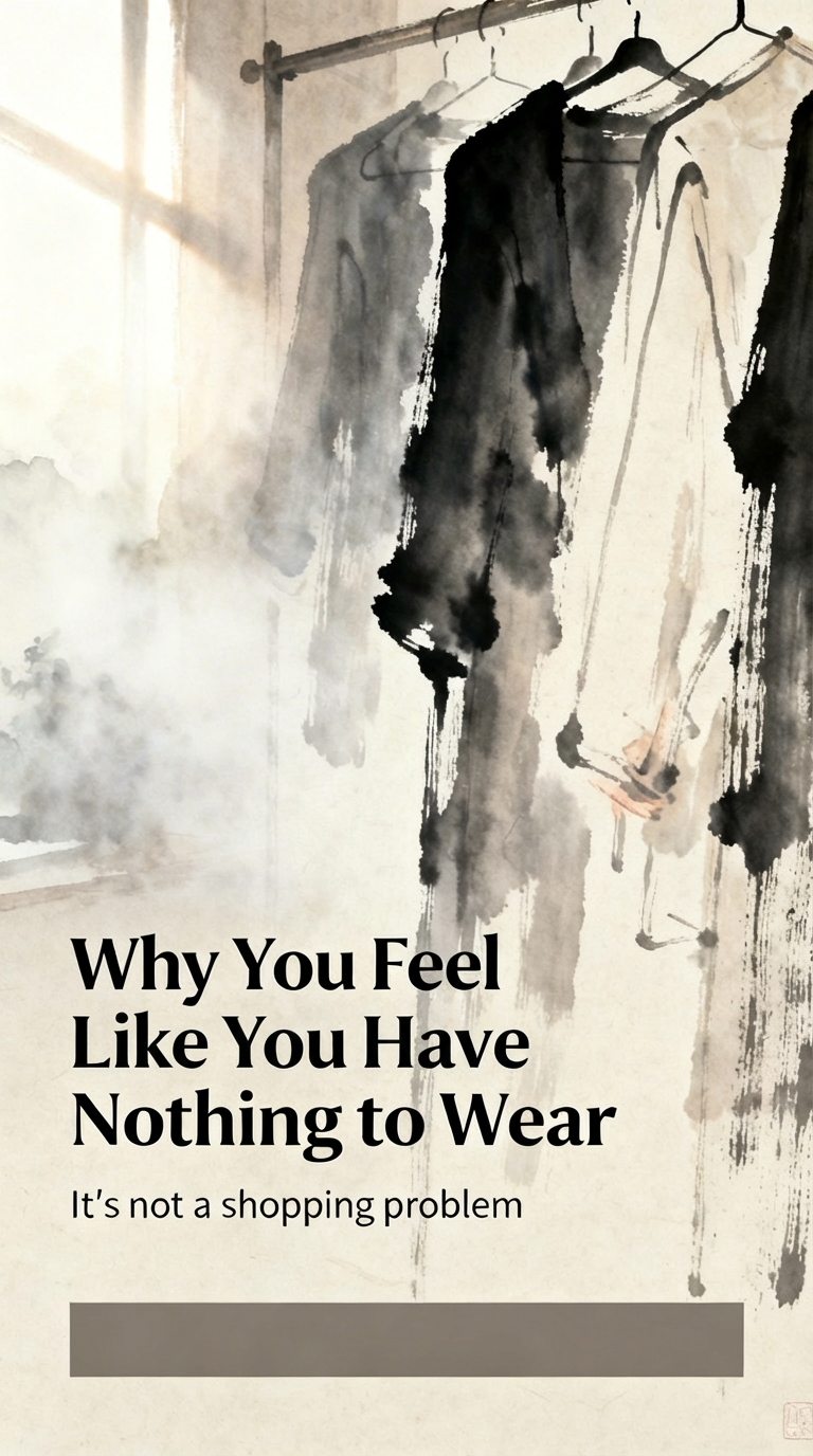 Watercolour-style image of a clothing rail filled mostly with black, grey and neutral garments, creating a muted, minimal wardrobe scene.