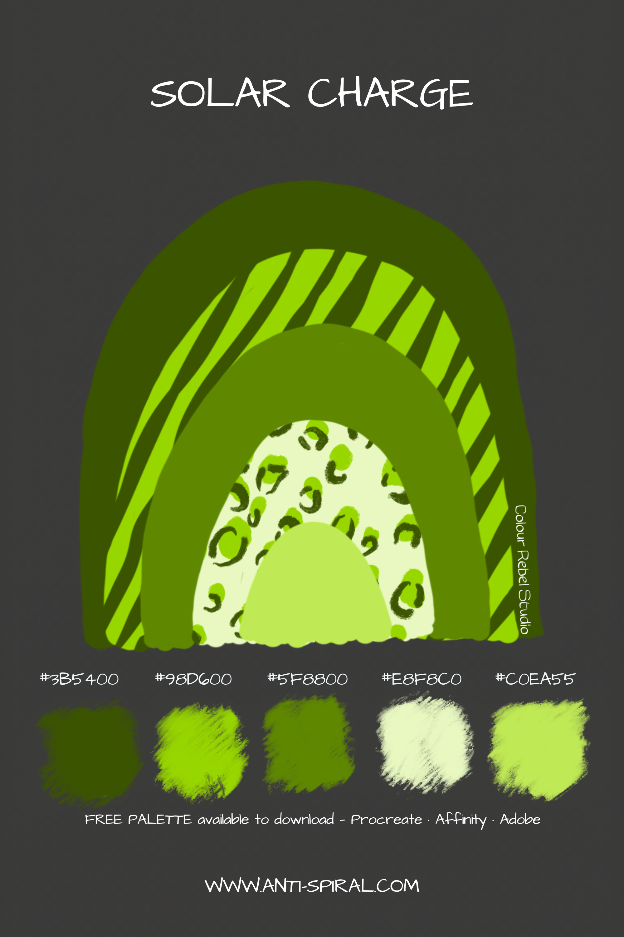 Solar Charge colour palette with hex codes — solar charged lime green tonal — five coordinating colours including #3B5400, #5F8800 and #98D600 — free download for Procreate, Affinity and Adobe — Colour Rebel Studio