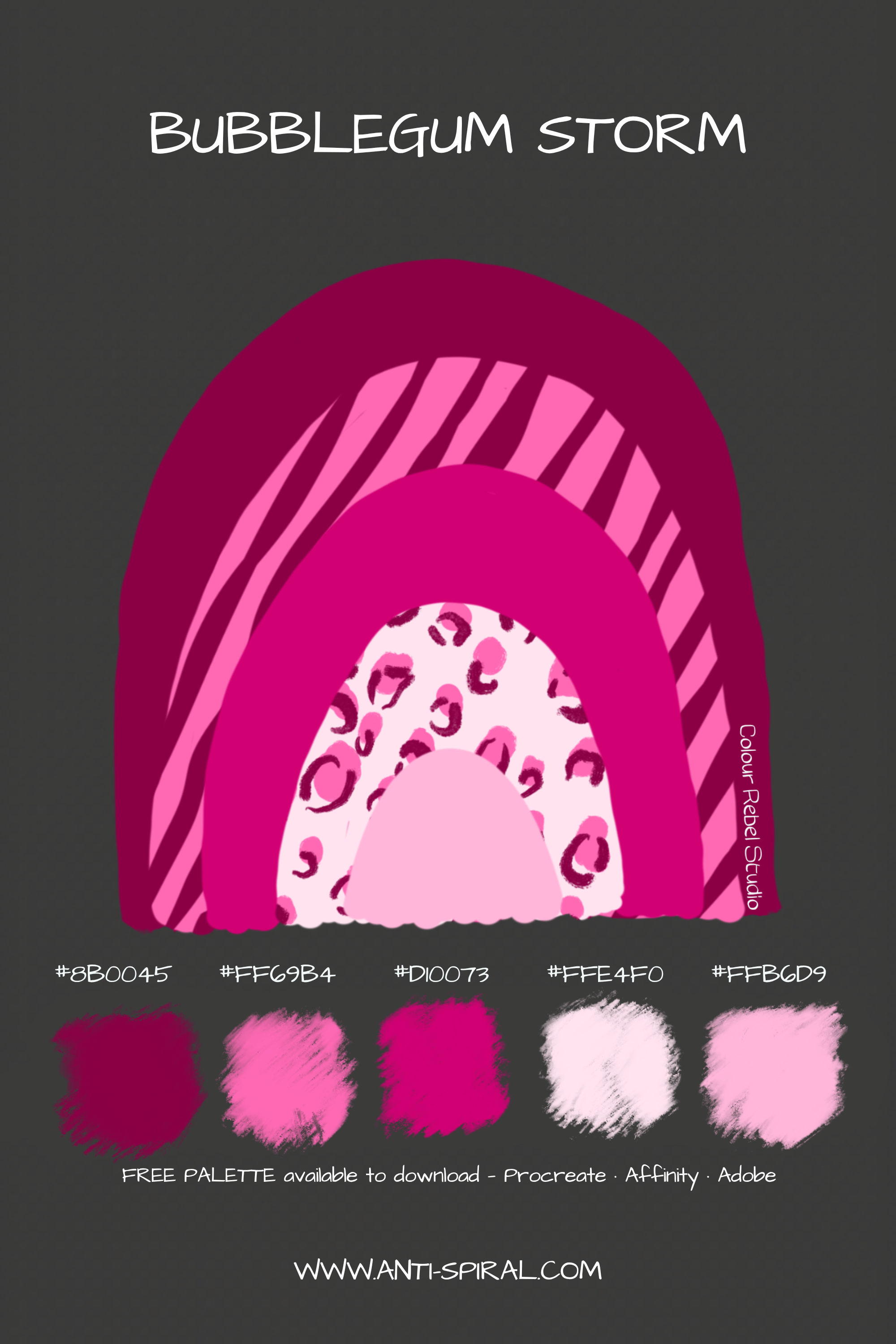Bubblegum Storm colour palette with hex codes — vivid bubblegum pink tonal — five coordinating colours including #8B0045, #D10073 and #FF69B4 — free download for Procreate, Affinity and Adobe — Colour Rebel Studio