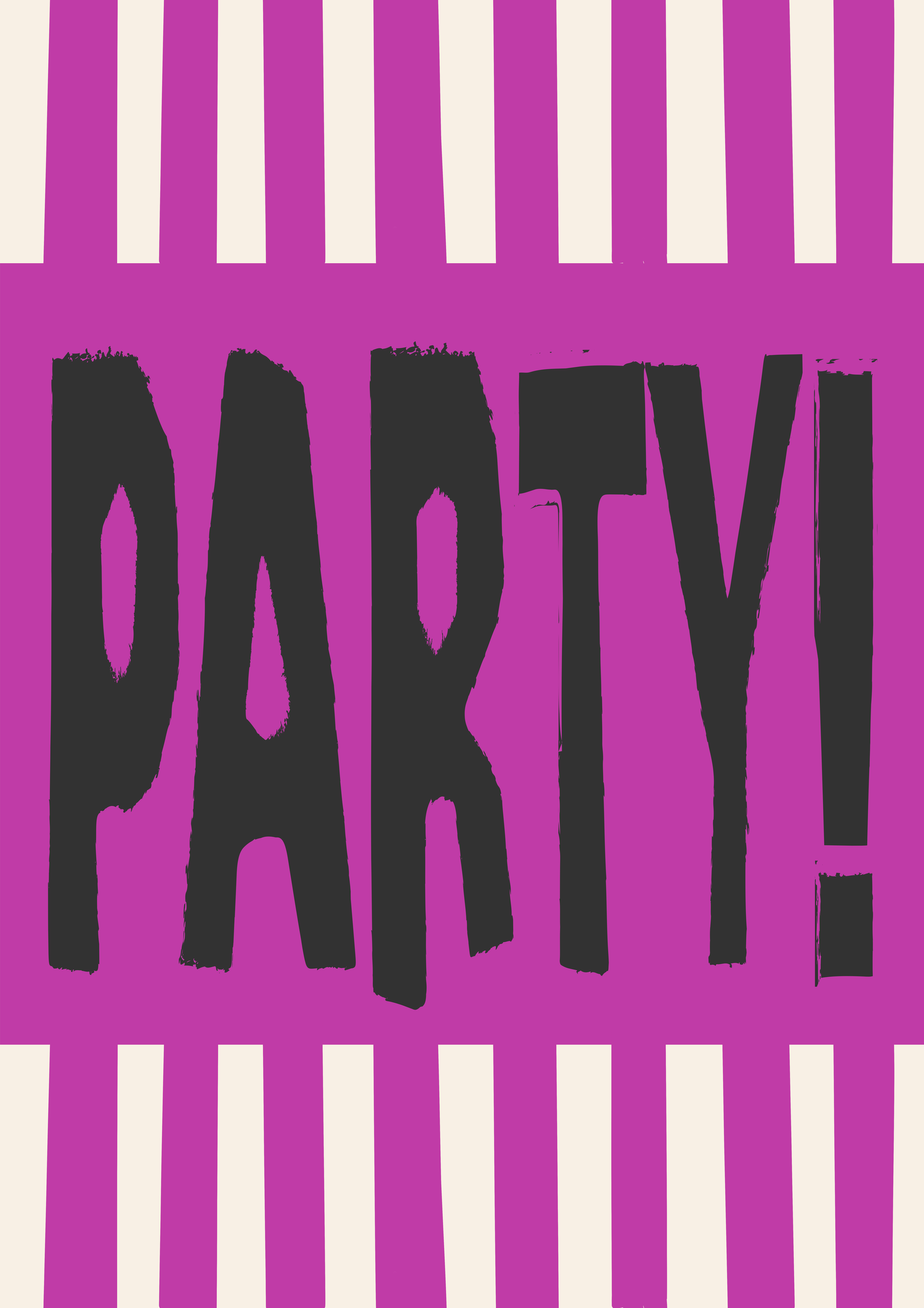 PARTY! hand-lettered card in purple and black, Rebel Words typography surface pattern design for licensing