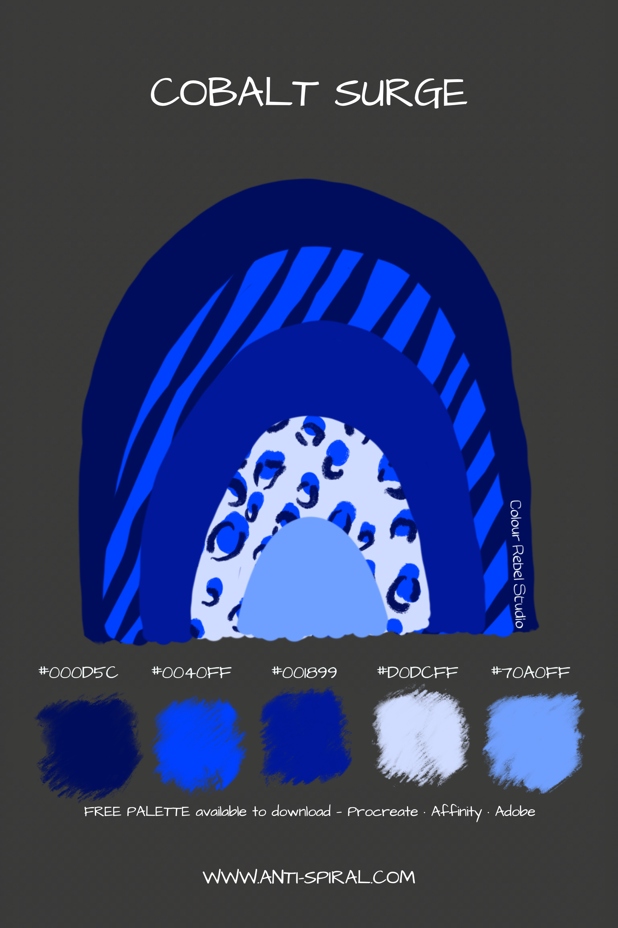 Cobalt Surge colour palette with hex codes — deep cobalt surge tonal — five coordinating colours including #000D5C, #001899 and #0040FF — free download for Procreate, Affinity and Adobe — Colour Rebel Studio