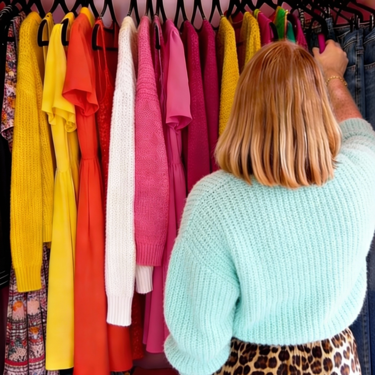 Woman choosing colourful clothes from an organised wardrobe