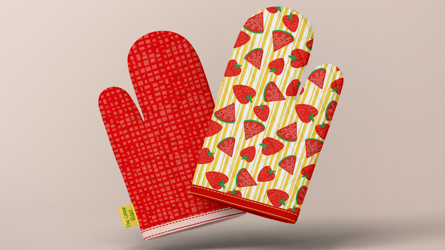 Fruity Loopy strawberry and red check patterns on oven gloves, surface pattern design for licensing