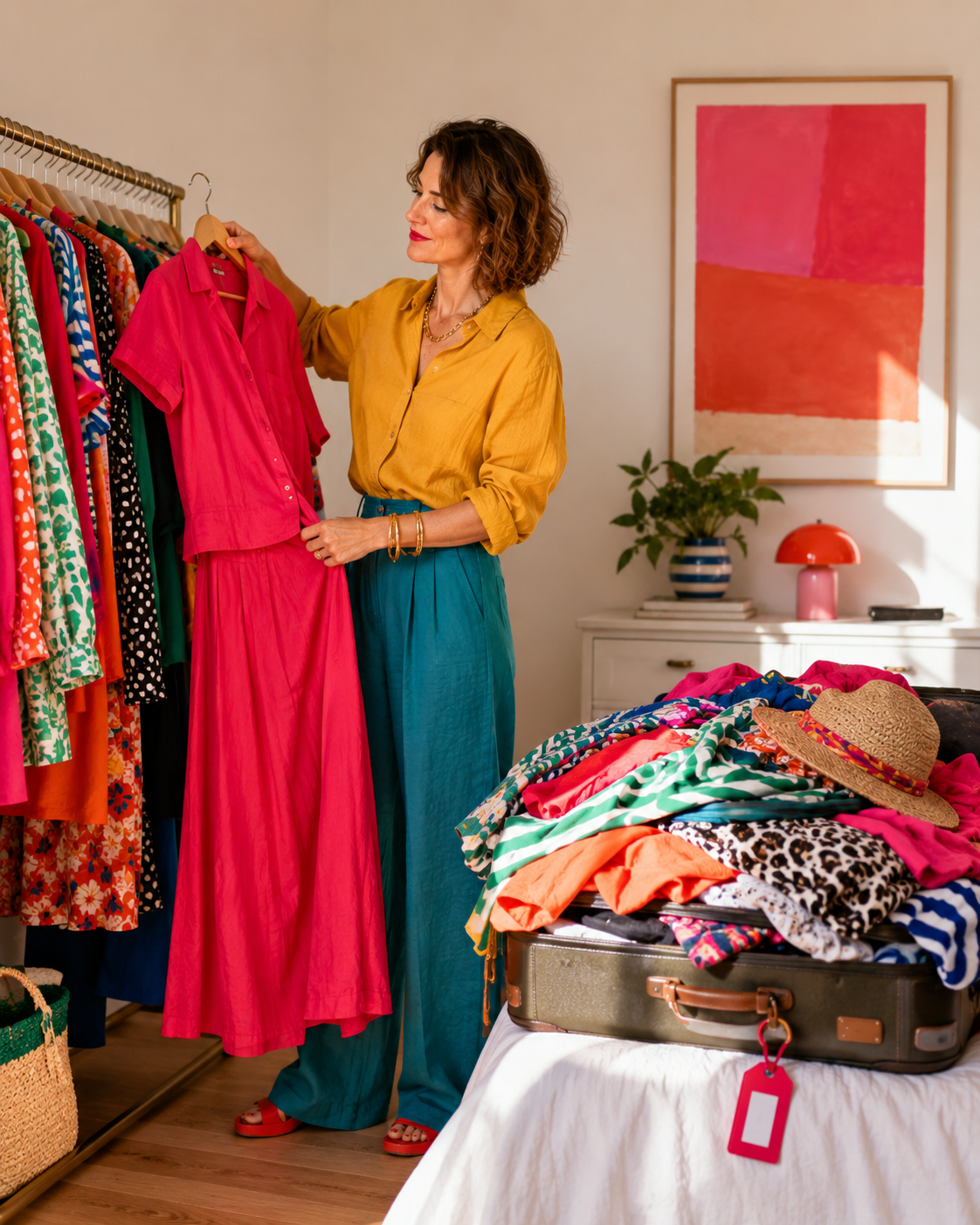 Woman choosing one colourful outfit from a rail next to an overstuffed suitcase.
