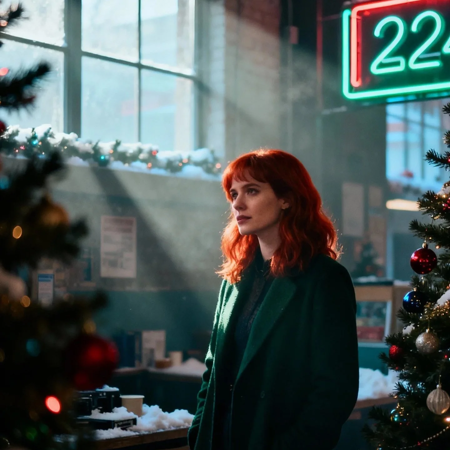Woman standing still in winter light, reflecting during the days between Christmas and New Year