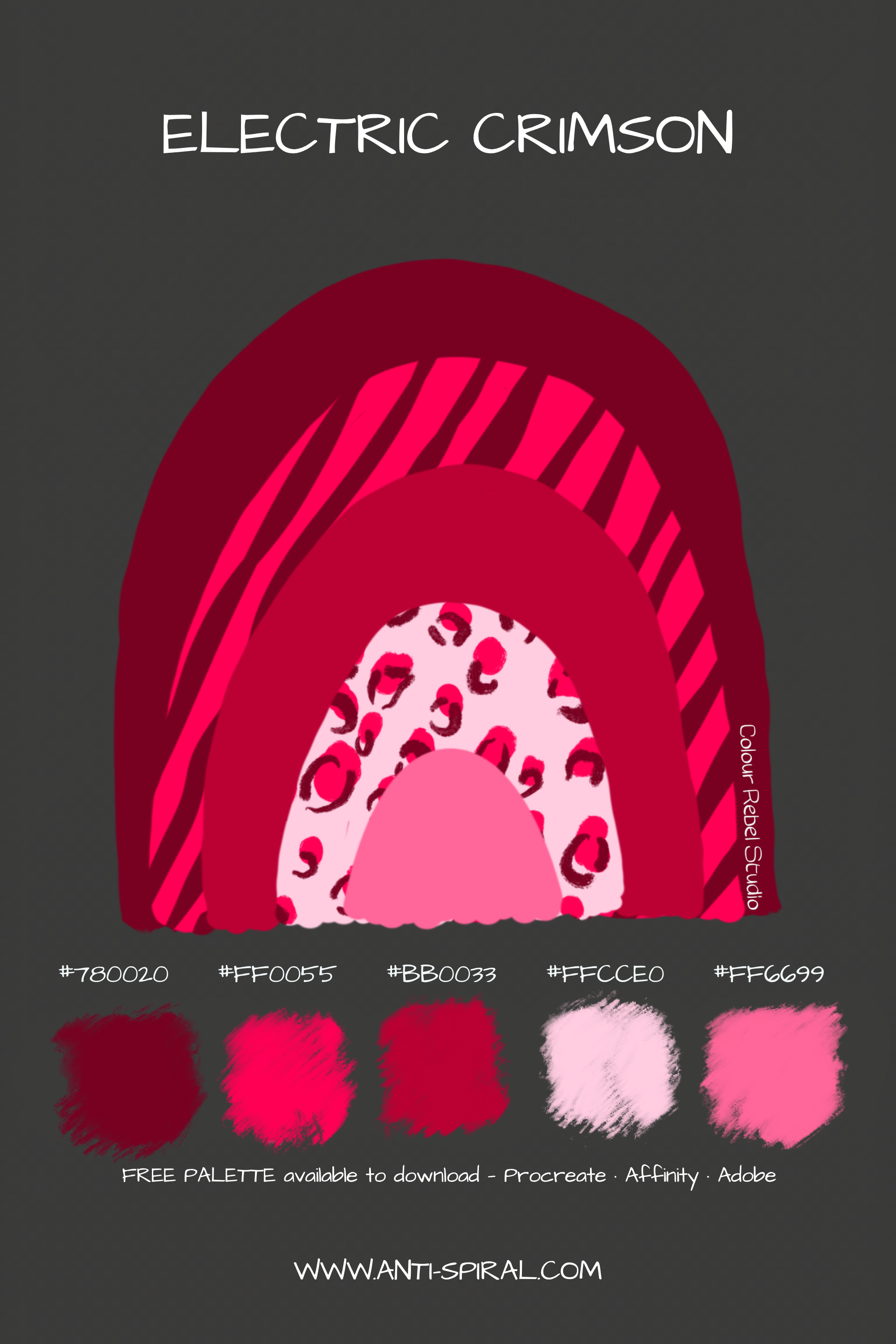 Electric Crimson colour palette with hex codes — electric crimson tonal — five coordinating colours including #780020, #BB0033 and #FF0055 — free download for Procreate, Affinity and Adobe — Colour Rebel Studio