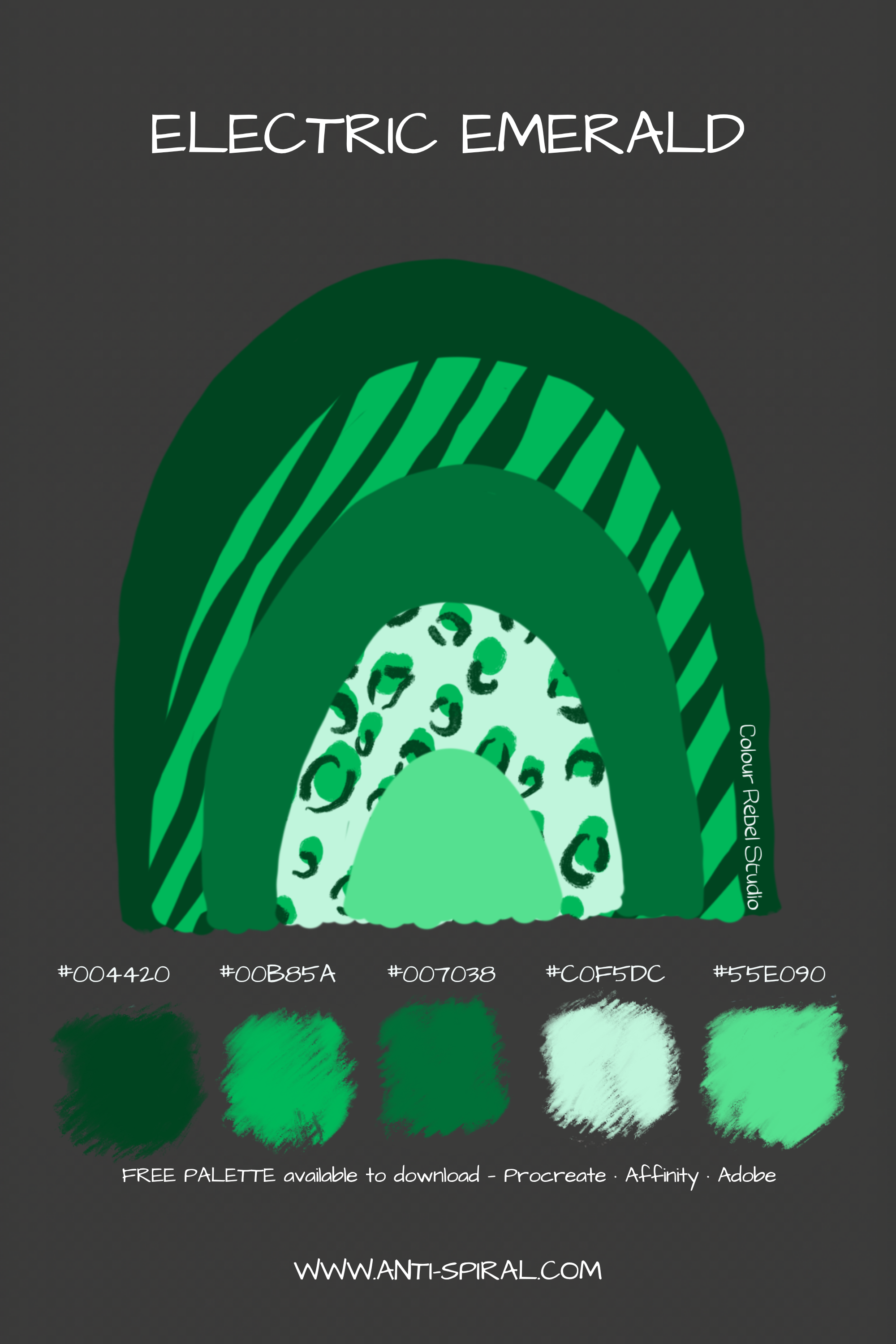 Electric Emerald colour palette with hex codes — electric emerald green tonal — five coordinating colours including #004420, #007038 and #00B85A — free download for Procreate, Affinity and Adobe — Colour Rebel Studio