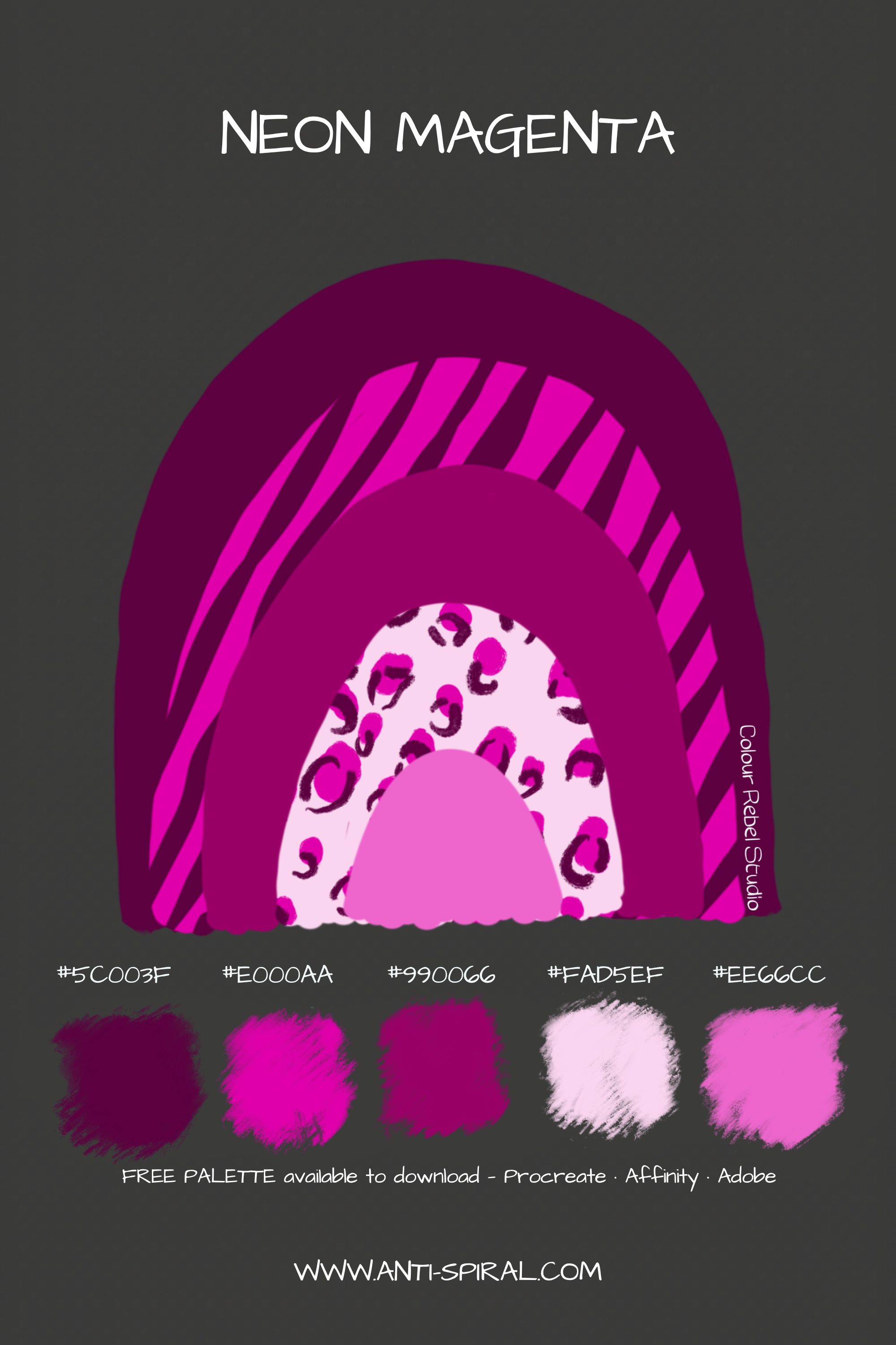 Neon Magenta colour palette with hex codes — neon magenta tonal — five coordinating colours including #5C003F, #990066 and #E000AA — free download for Procreate, Affinity and Adobe — Colour Rebel Studio
