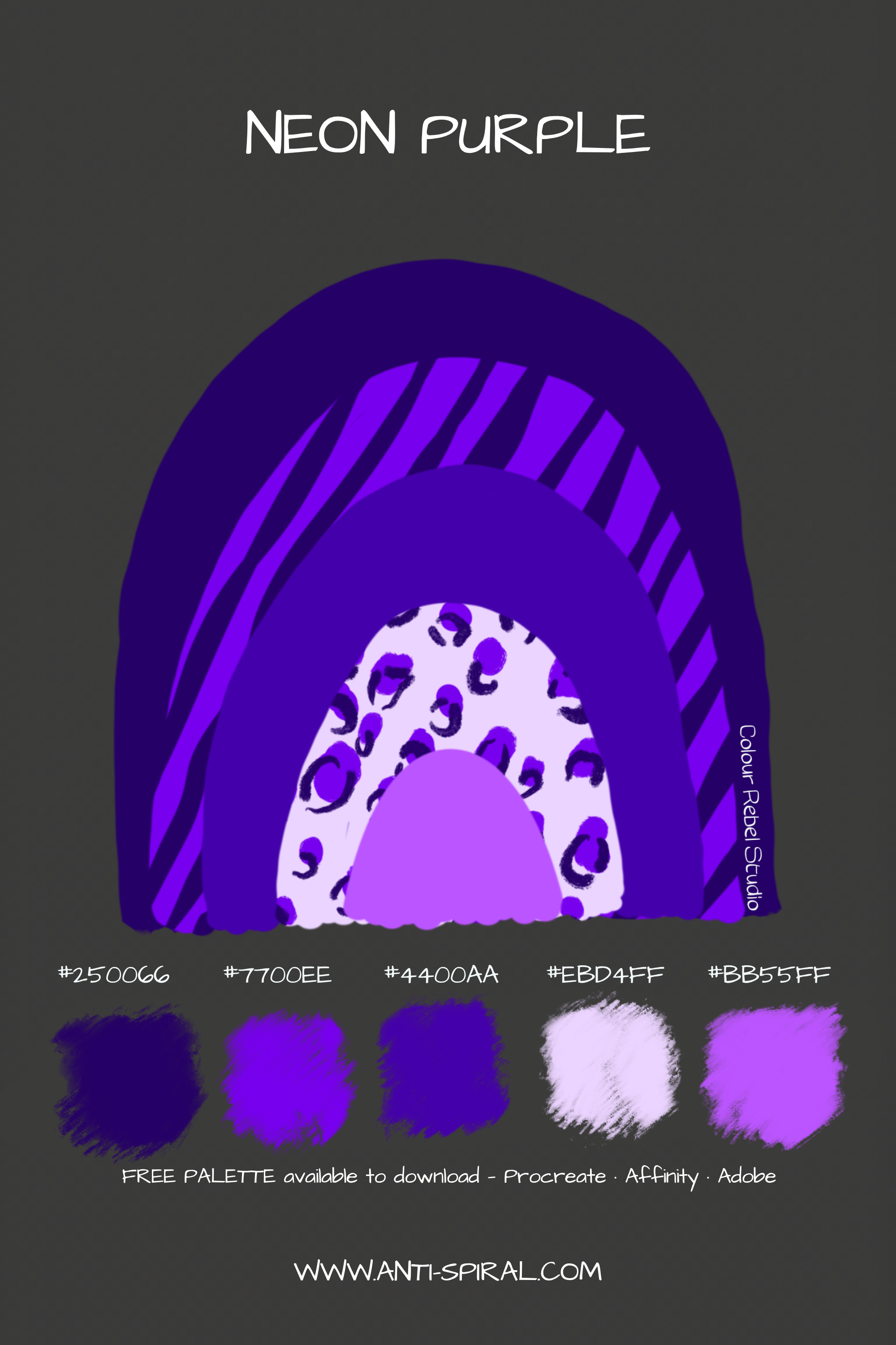 Neon Purple colour palette with hex codes — vivid neon purple tonal — five coordinating colours including #250066, #4400AA and #7700EE — free download for Procreate, Affinity and Adobe — Colour Rebel Studio