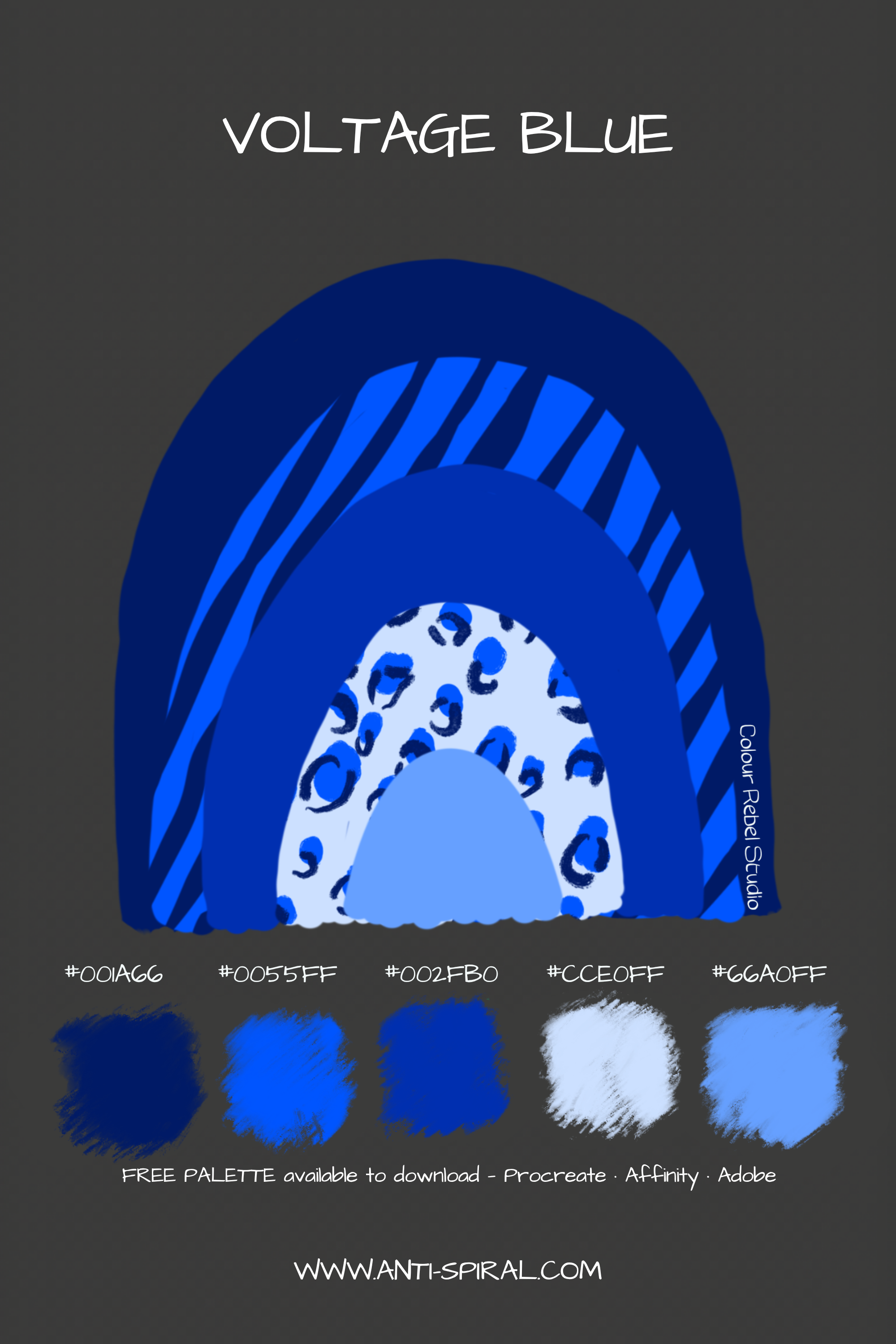 Voltage Blue colour palette with hex codes — voltage electric blue tonal — five coordinating colours including #001A66, #002FB0 and #0055FF — free download for Procreate, Affinity and Adobe — Colour Rebel Studio