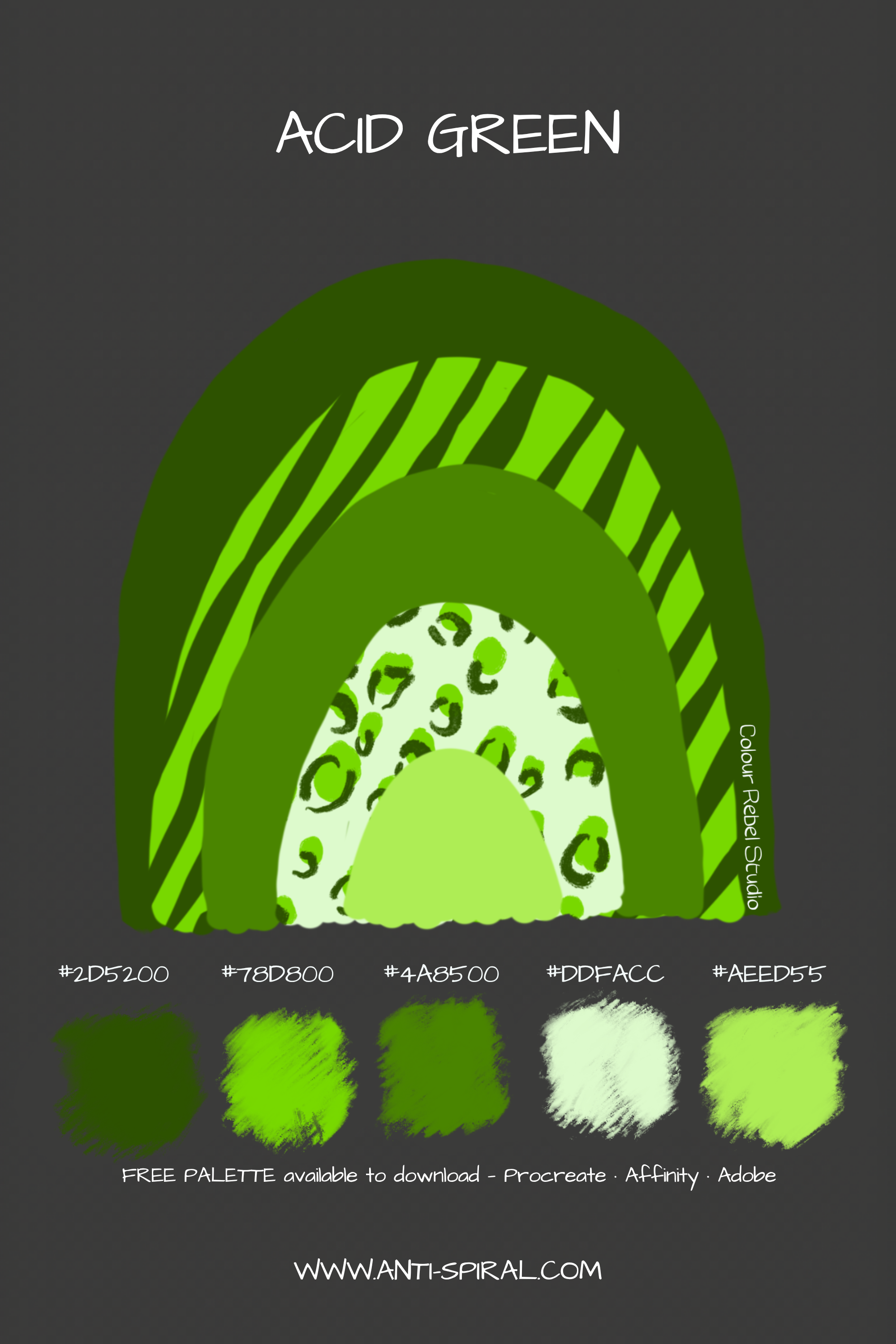 Acid Green colour palette with hex codes — vivid acid green tonal — five coordinating colours including #2D5200, #4A8500 and #78D800 — free download for Procreate, Affinity and Adobe — Colour Rebel Studio