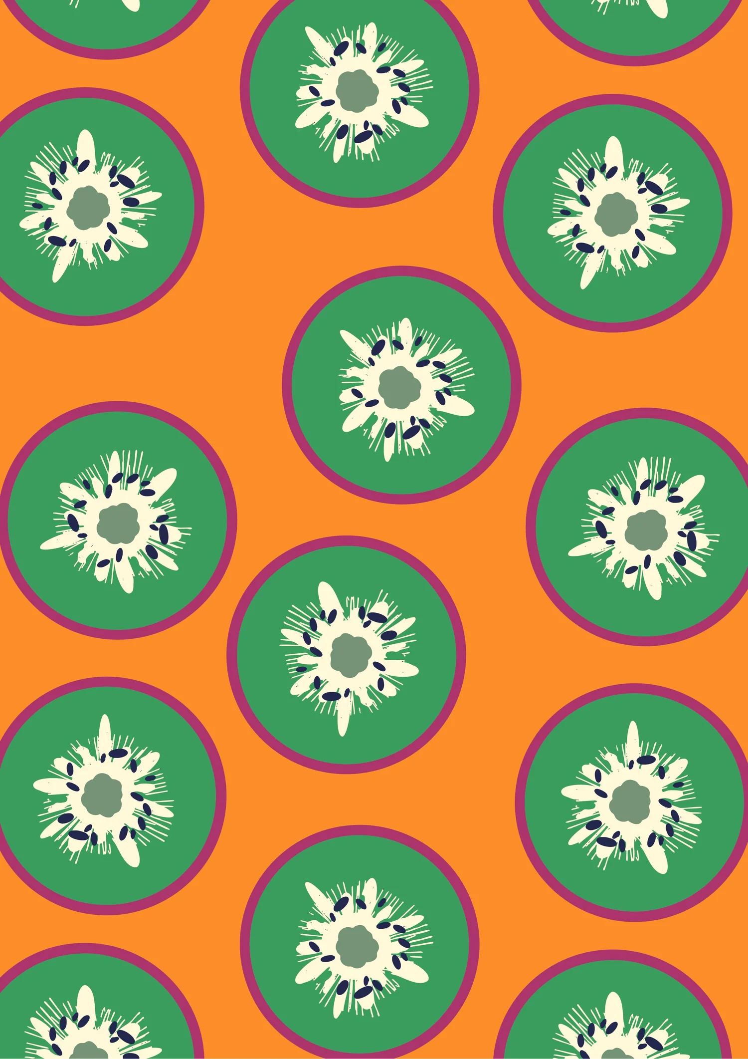Kiwi slice pattern on orange from the Fruity Loopy collection, surface pattern design for licensing