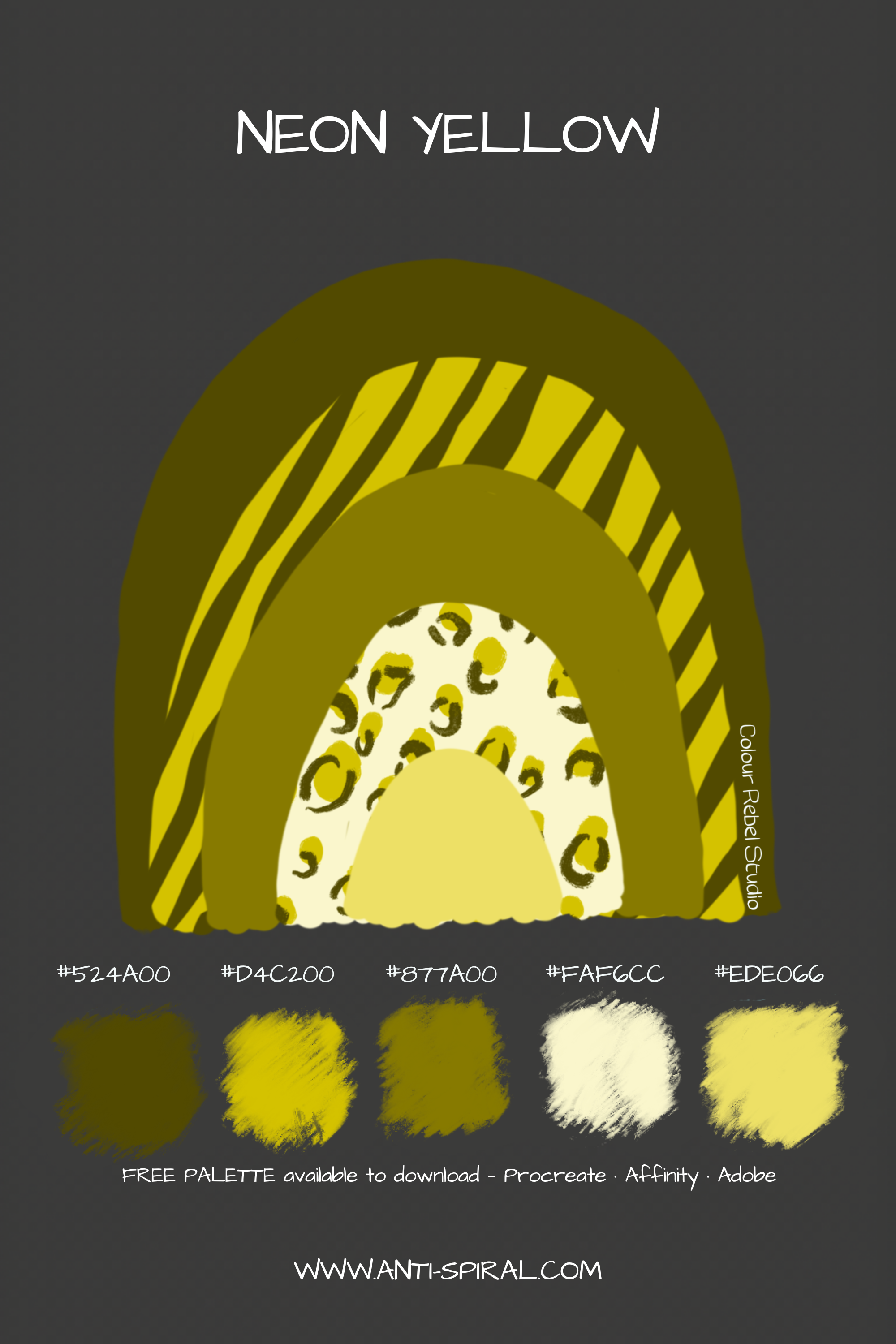 Neon Yellow colour palette with hex codes — neon yellow tonal — five coordinating colours including #524A00, #877A00 and #D4C200 — free download for Procreate, Affinity and Adobe — Colour Rebel Studio